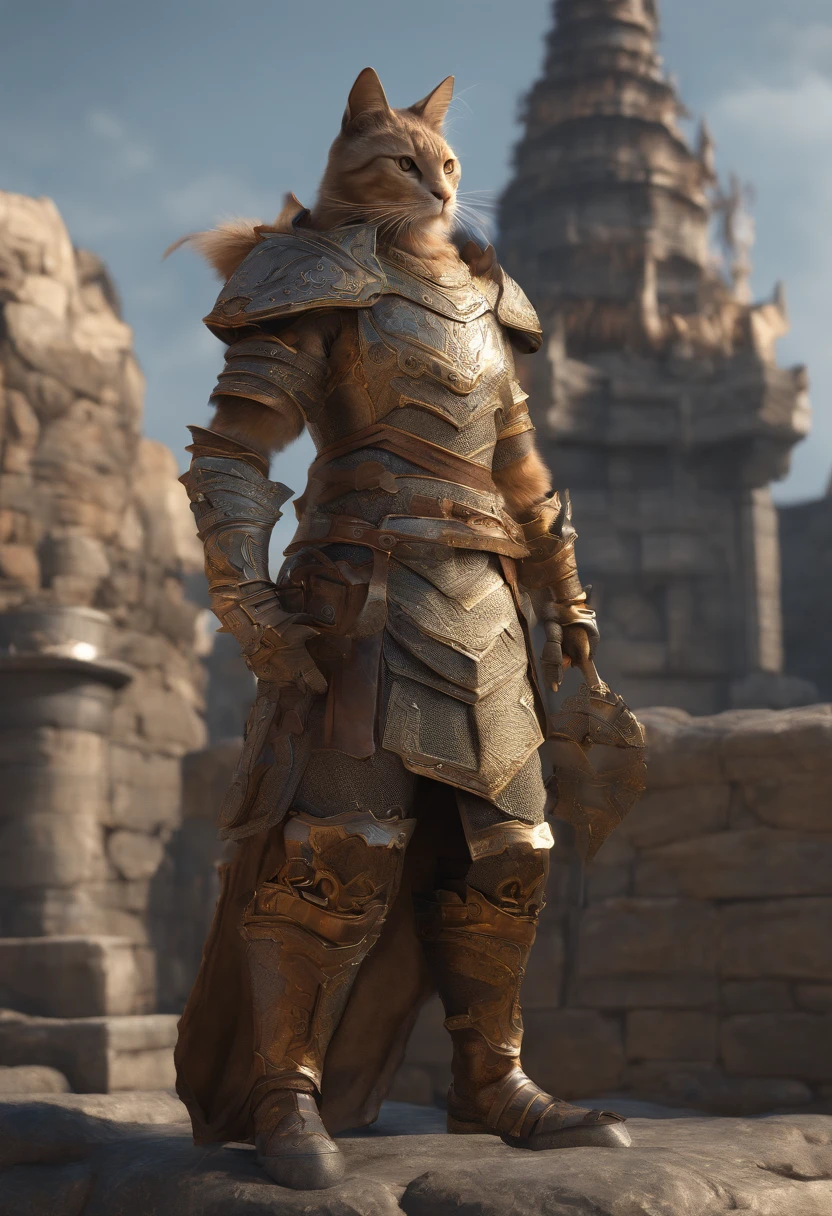 Image of a warrior wearing an iron tower, Holding a cat, facial closeups, in the style of cinematic sets, magewave, Royal Core, Village Core, Xu Bing, Dark gray and light gold, 32k ULTRAHD