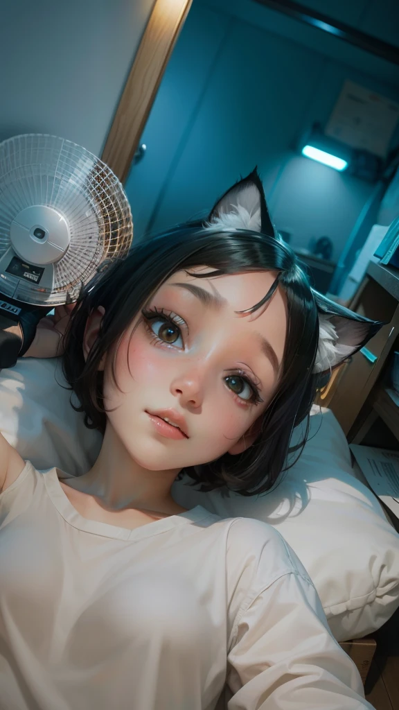 a cute girl, short hair, white shiny eyes,cat ears