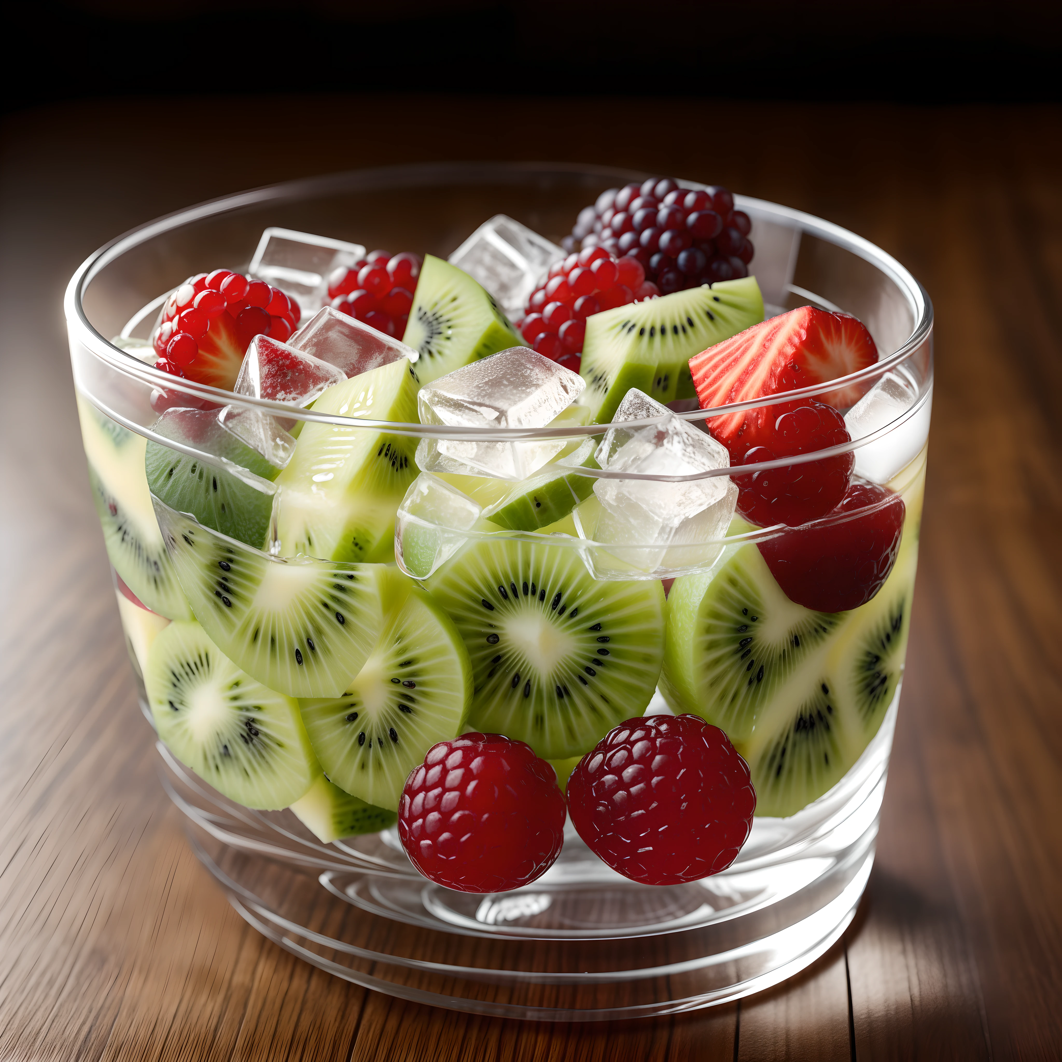 tmasterpiece,Fruit and ice cubes in clear glass,morango,grapes,kiwi fruit,Berry,pineapples,(ice cubes),(Hyper-realistic:1.3)