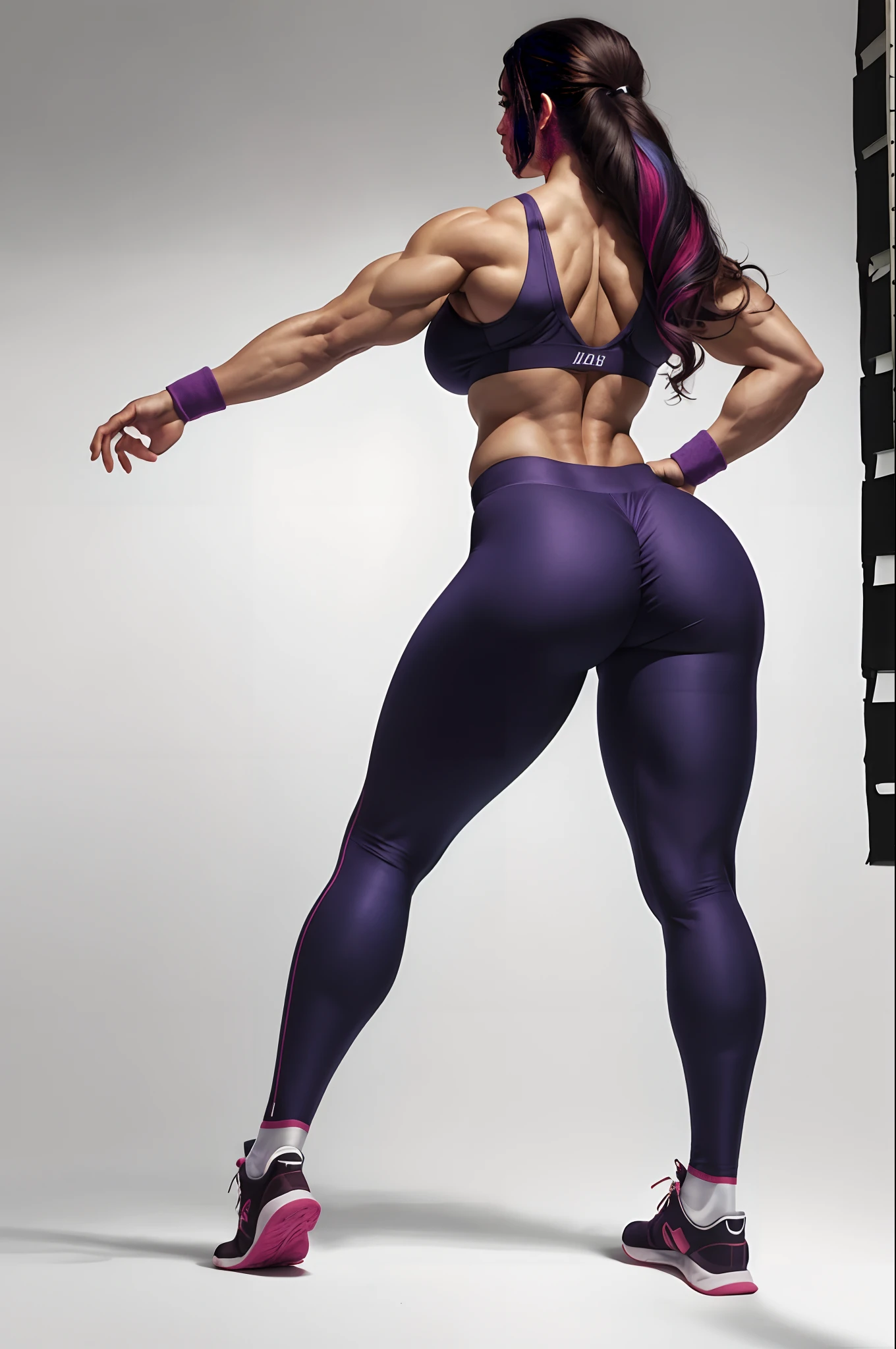 1woman, saggy big boobs, muscular hand, backpose hair, masterpiece, best quality, shoes,waiting for fight pose,full body, posing for a picture, beautifully color-coded, socks, scrunchbutt leggings white background, studio, looking camera, very long hair,perfect Autonomy,