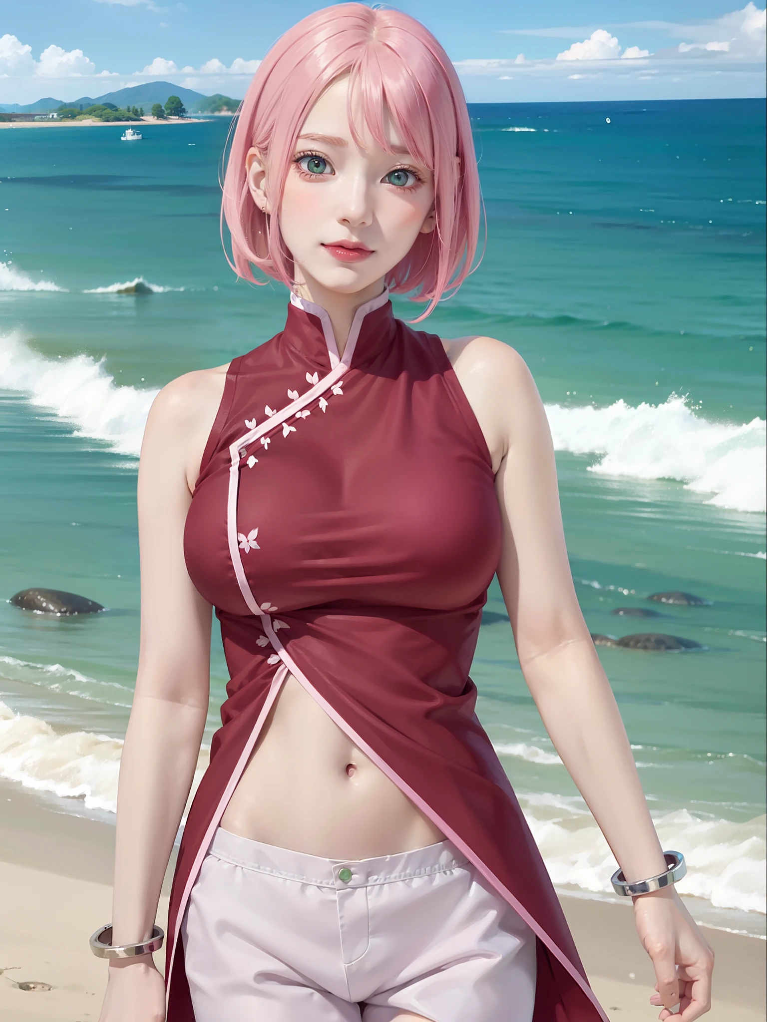 1girl, sakura in anime boruto, short hair, pink hair, green eyes, smile, beautiful, sexy dress, sexy clothes, red clothes, very big breast, realistic clothes, detail clothes, outdoor background, ultra detail, realistic
