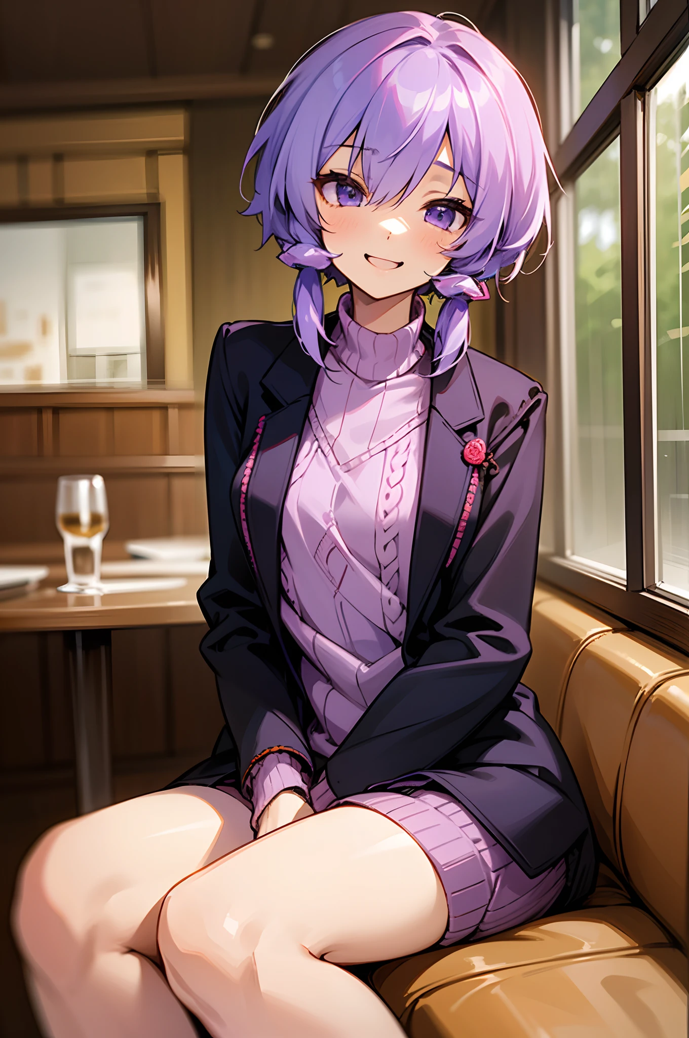 1girl in、独奏、Yuzuki Yukari、18year old、small tits、slender body shape、I love you look、Laugh、Lilac hair、short-hair、(hair between eye)、(Embroidered sweaters、Leather Blazer)、Sit across from a table in a restaurant、Bright background、facial close-up