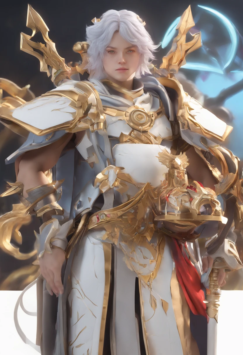 Anime boy mechanical healer, heroine, cleric, acolyte, gear, holy, white costume, weapon magic hammer, ultra high resolution 8k, ultra high definition 8k, stabilizer diffusion, 2.5 D, character design, male, gadget, spear, rod, modern cloak, serious face,