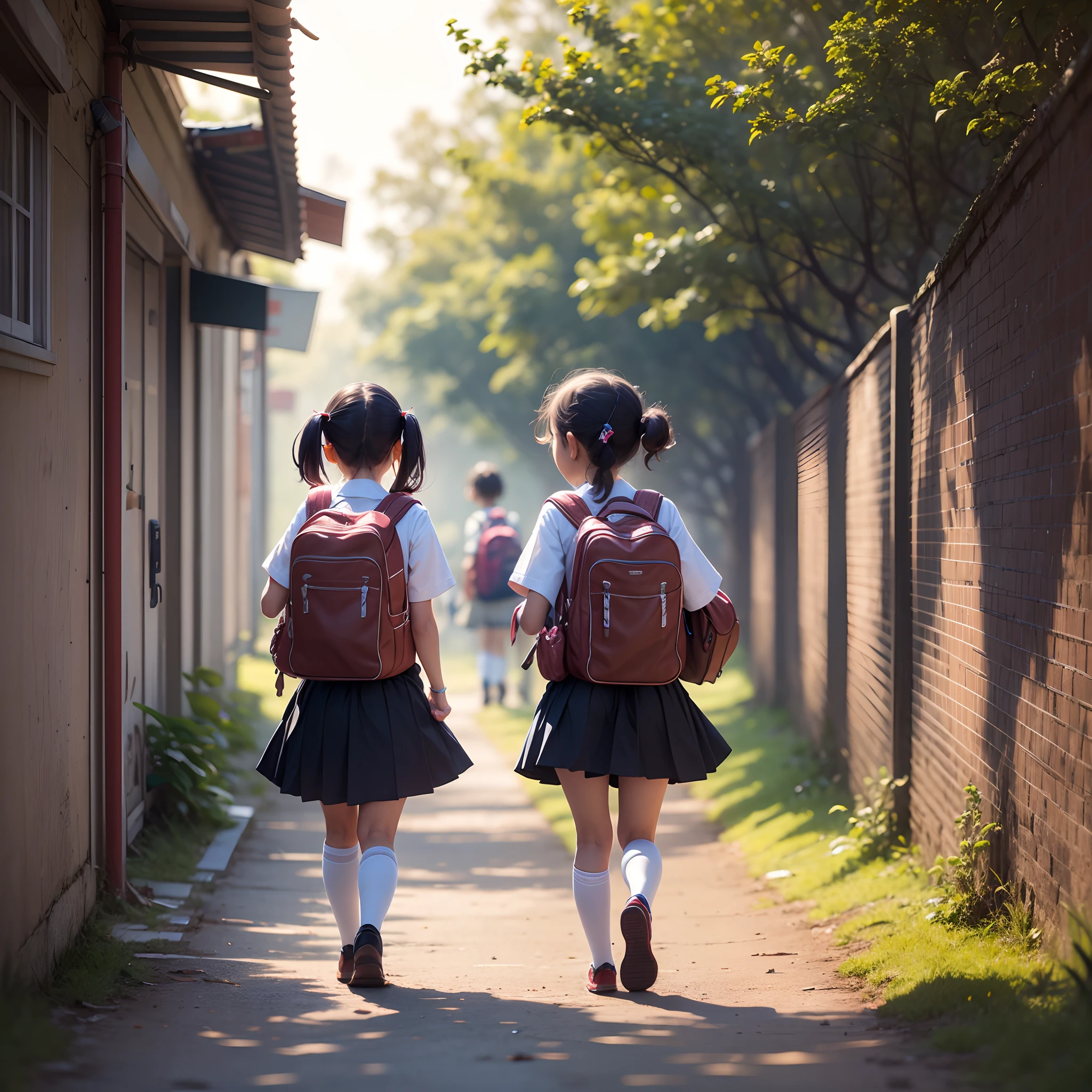Children carrying schoolbags to school, whole body, overhead shooting, back, backlight, pure white background --auto --s2