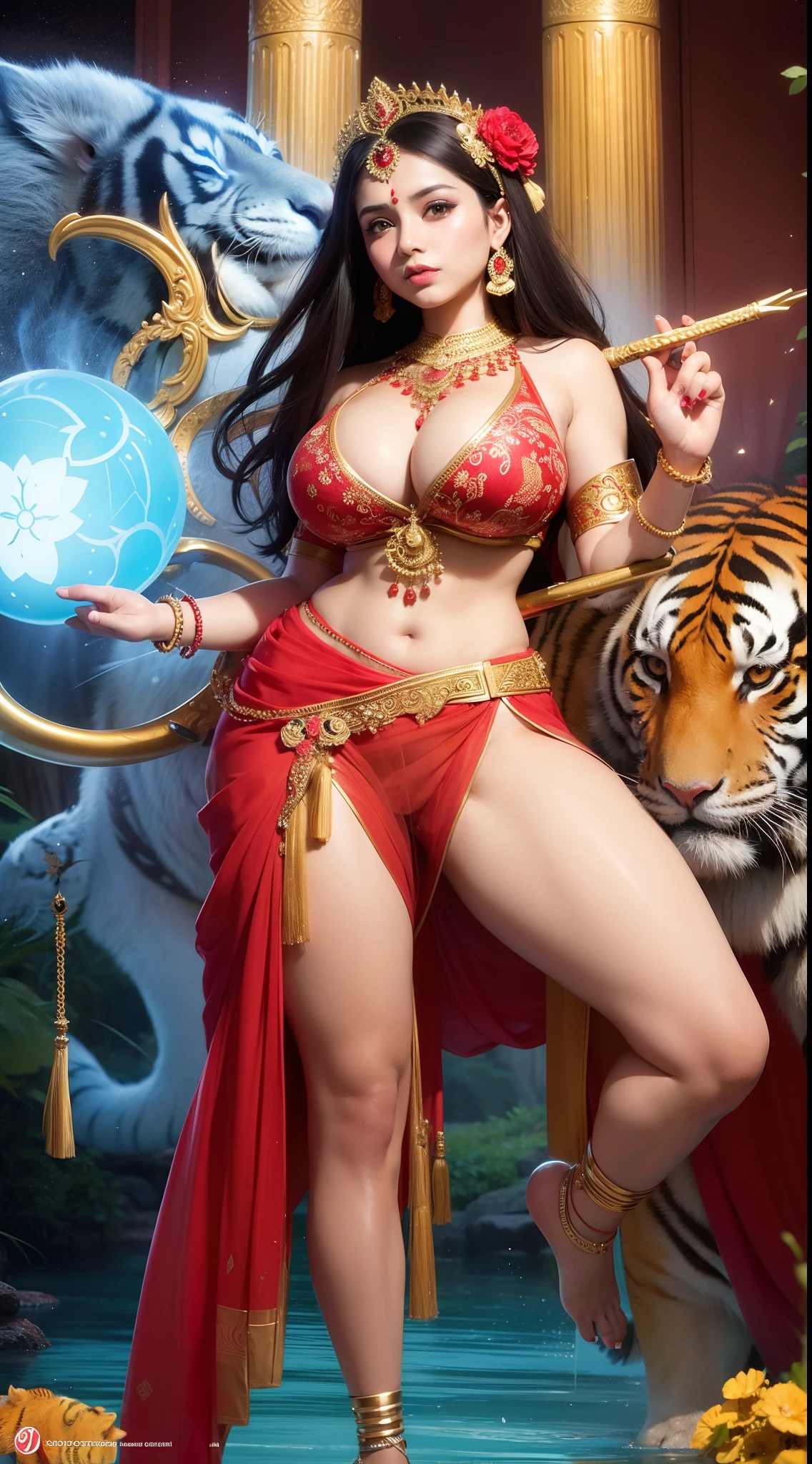 Hindu goddess durga, thick body, big boobies, looking at the viewer, red transparent saree, red blouse, cleavage, standing beside a tiger, trident in hand,