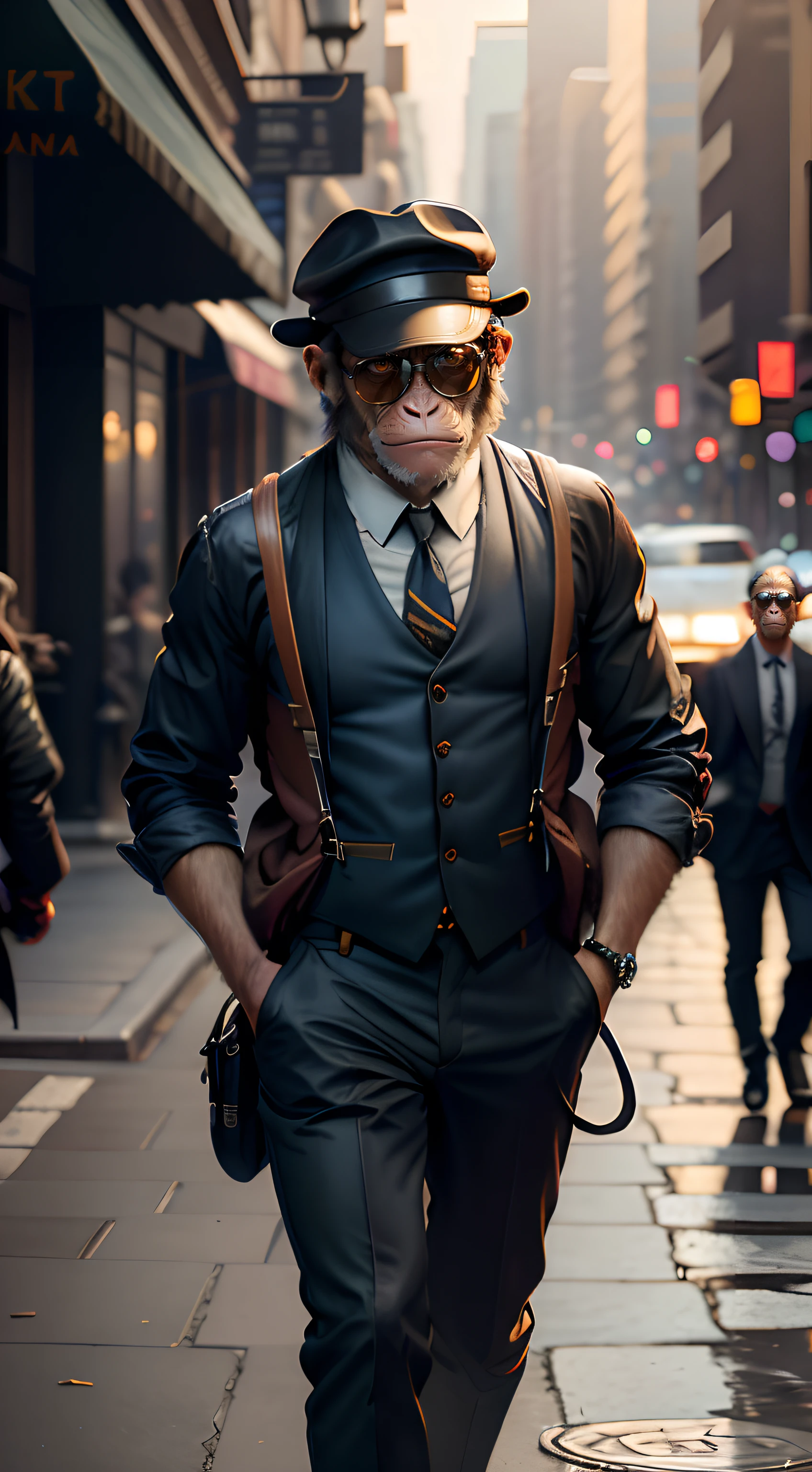 A cute monkey，Wear a jacket，Suspenders，Big scalp shoes，Hat，Wearing sunglasses，City streets，（depth of fields），（Movie lighting），（light and shadow effect），（Unreal 5），（tmasterpiece），（8k wallpaper），photorealestic，realisticlying