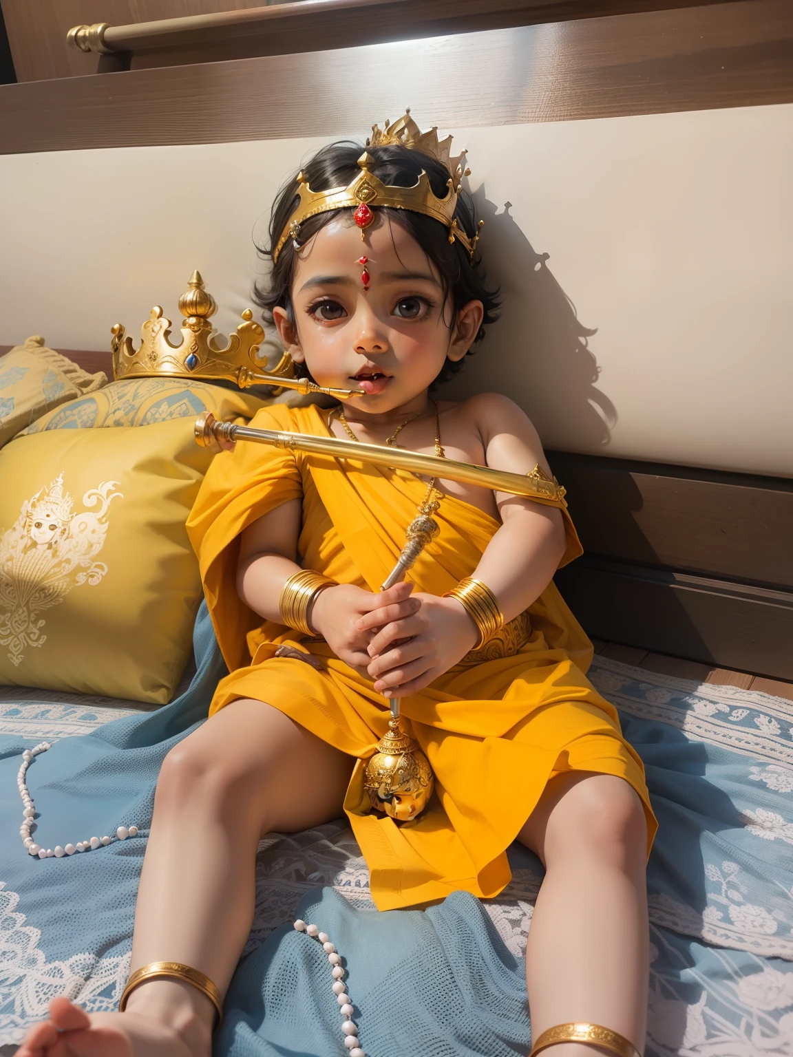 Little lord Krishna with flute in hand crown on head