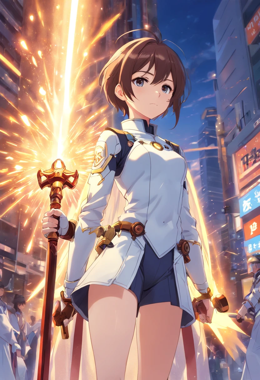 Anime boy mechanical healer, heroine, cleric, acolyte, gear, holy, white costume, weapon magic hammer, ultra high resolution 8k, ultra high definition 8k, stabilizer diffusion, 2.5 D, character design, male, gadget, spear, rod, modern sweater, serious face,