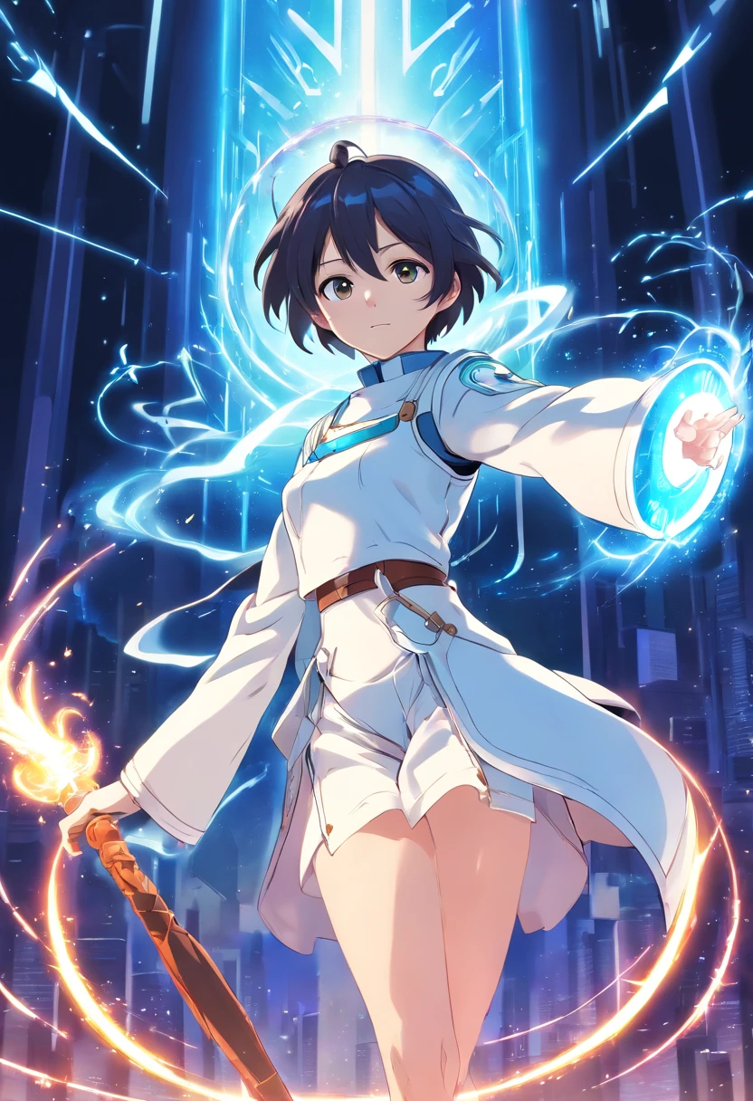 Anime boy mechanical healer, heroine, cleric, acolyte, gear, holy, white costume, weapon magic hammer, ultra high resolution 8k, ultra high definition 8k, stabilizer diffusion, 2.5 D, character design, male, gadget, spear, rod, modern sweater, serious face,