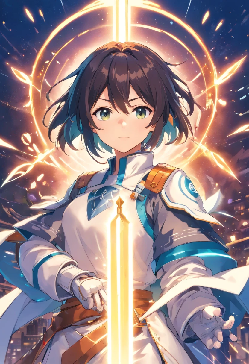 Anime boy mechanical healer, heroine, cleric, acolyte, gear, holy, white costume, weapon magic hammer, ultra high resolution 8k, ultra high definition 8k, stabilizer diffusion, 2.5 D, character design, male, gadget, spear, rod, modern sweater, serious face,