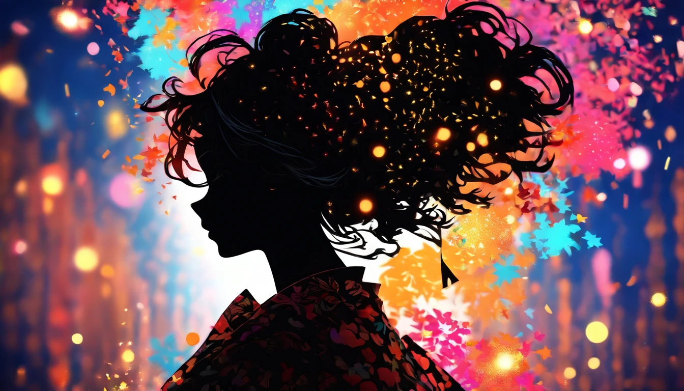 (Silhouette Art,cutouts:1.6)
(((Paper cutting art,A world where only black exists:1.3)
(Cowboy Shot),1 girl,Solo,
(Kimono Girl,profile:1.2),white, Clear and beautiful face,
BREAK
(Colorful fireworks)
Textured glass background,