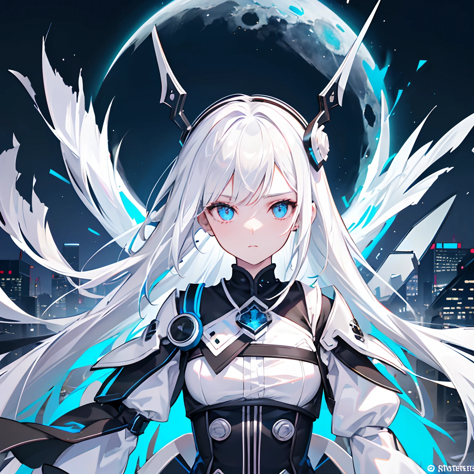 White hair, spark of light, masutepiece, Anatomically correct, High quality, Best Quality, Highly detailed facial details，（Medium to long shot），girl with，The Lora，ear phone，（（（​​clouds：0.3），multiple_a moon，（floating_Fortress Technical Machinery），Night sky background）），（Cyberpunk）