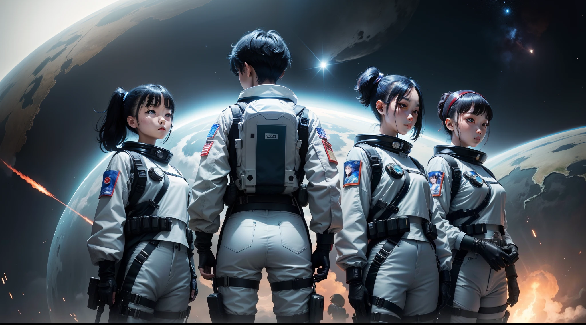 A group of -yeld Kon girls,Keep hair short,Wear trousers and space combat suits,Operate at the base of the future。Comic style。Epic。Side view。Top view。