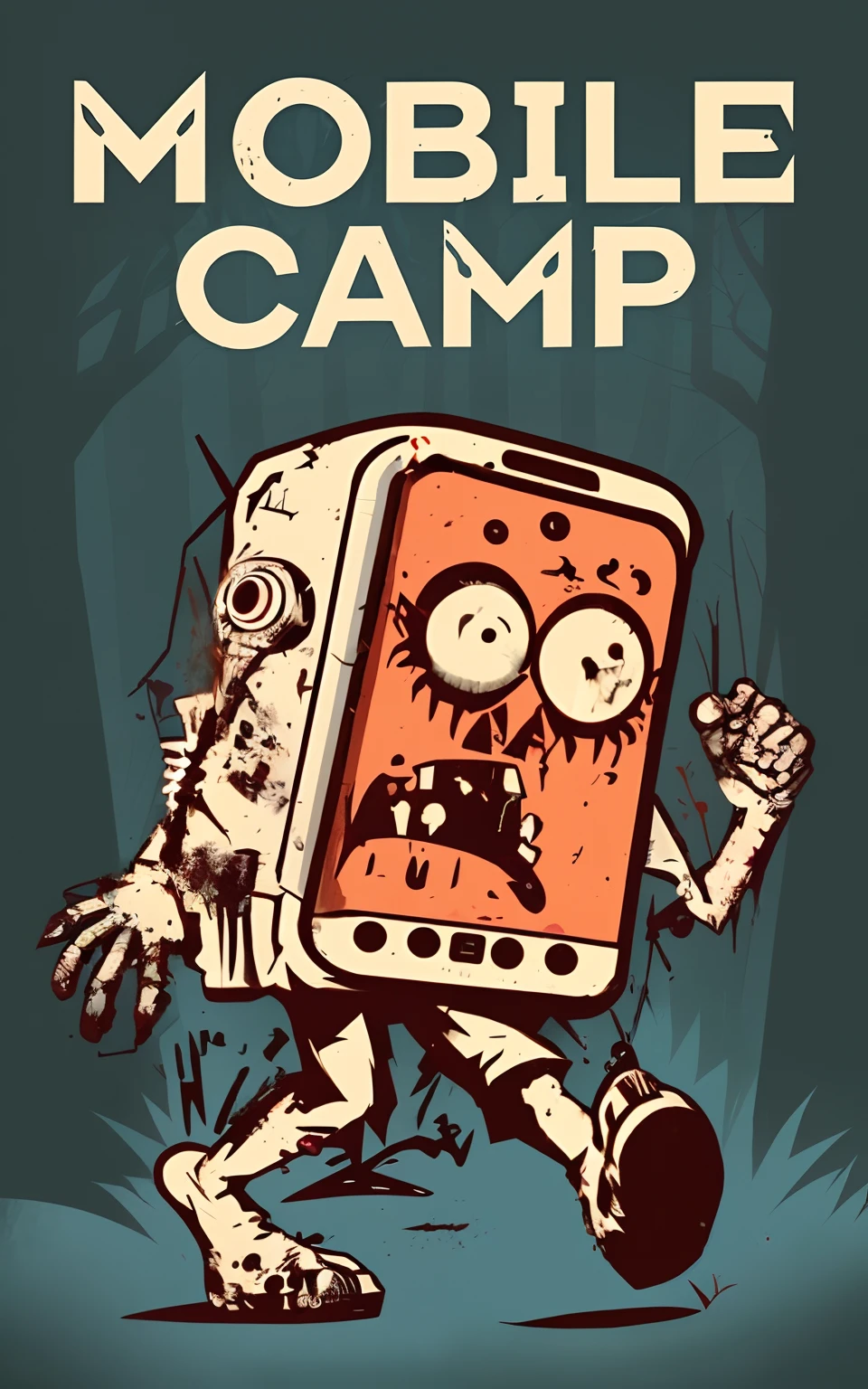 there is a poster with a zombie holding a cell phone, he is at camp, summer camp, camp, poster illustration, mobile game art, retro poster, game poster, illustrated poster, campy, videogame poster, camping, inspired by Tim Biskup, game promotional poster, video game cover, digital illustration poster, boot camp, camps in the background