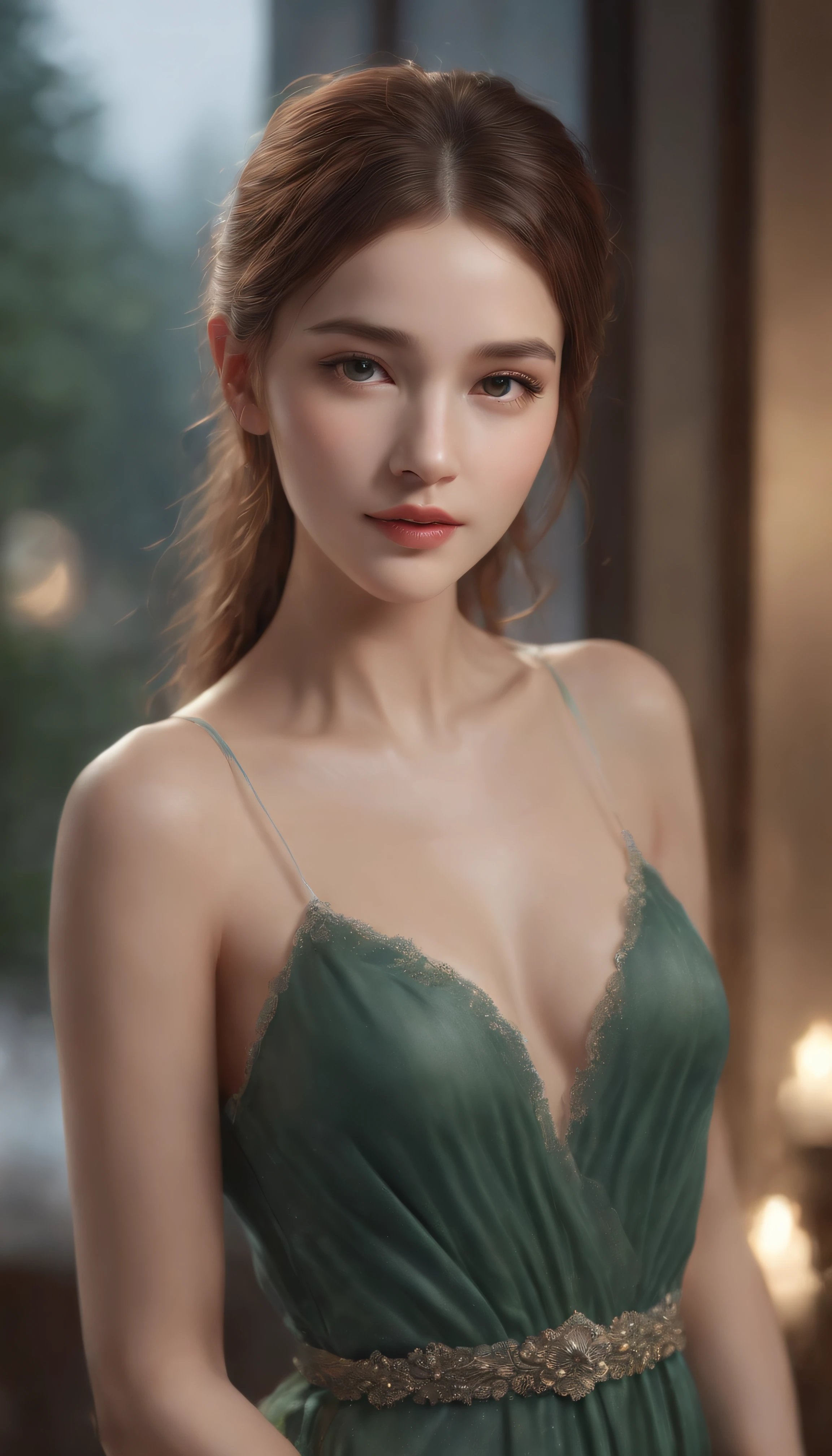 1 fille, High resolution, , Queue de Cheval, From top to bottom, electric green lingerie, opened mouth, brown-hair, high quality, textured skin, Artwork, Fine details, Crystal Earrings, regard face caméra, pose ultra sexy, fille coreenne tres jolie, bare shoulder, naked tits