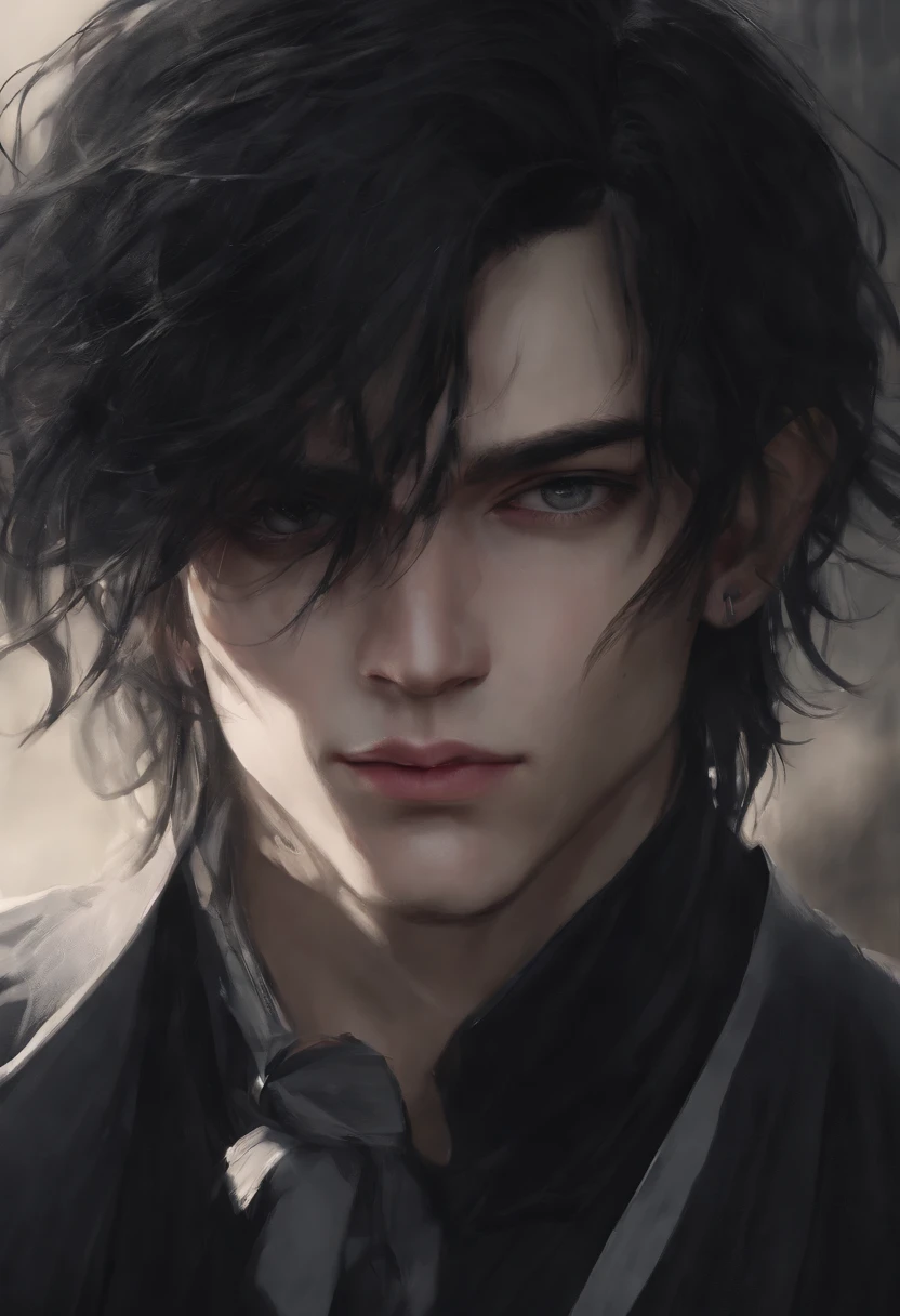Gothic Dark anime boy with cute face long hair