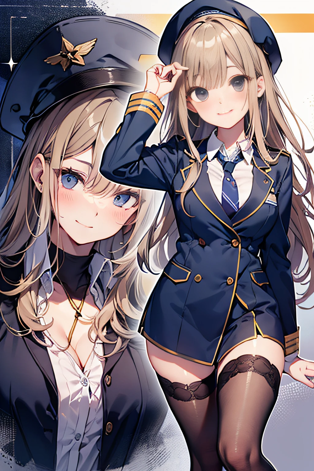 high-level image quality、top-quality、Detailed drawing、Does not blush cheeks、Slender adult beauty、stewardess、Stewardess Hat、Navy CA Uniform、Small eyes、knee high、Stockings、Medium chest、cleavage of the breast、Smiling smile