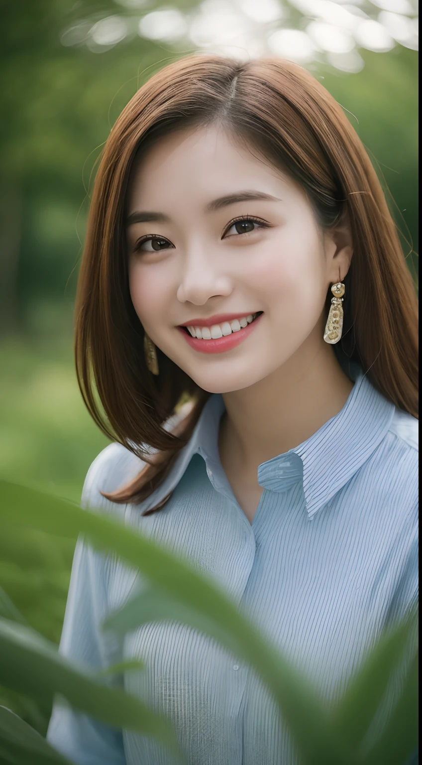 Very detailed 8k wallpaper)、foco nítido、in detail、Drama、Delicate and beautiful 20 years old、Sheer white shirt、Dark blue pleated micro mini、ligh brown hair、hair adornments、Sexy、A smile、Peek at the viewer、Beautiful graphics、、Show me your whole body、date、Date Clothes、Date colors々Scene、