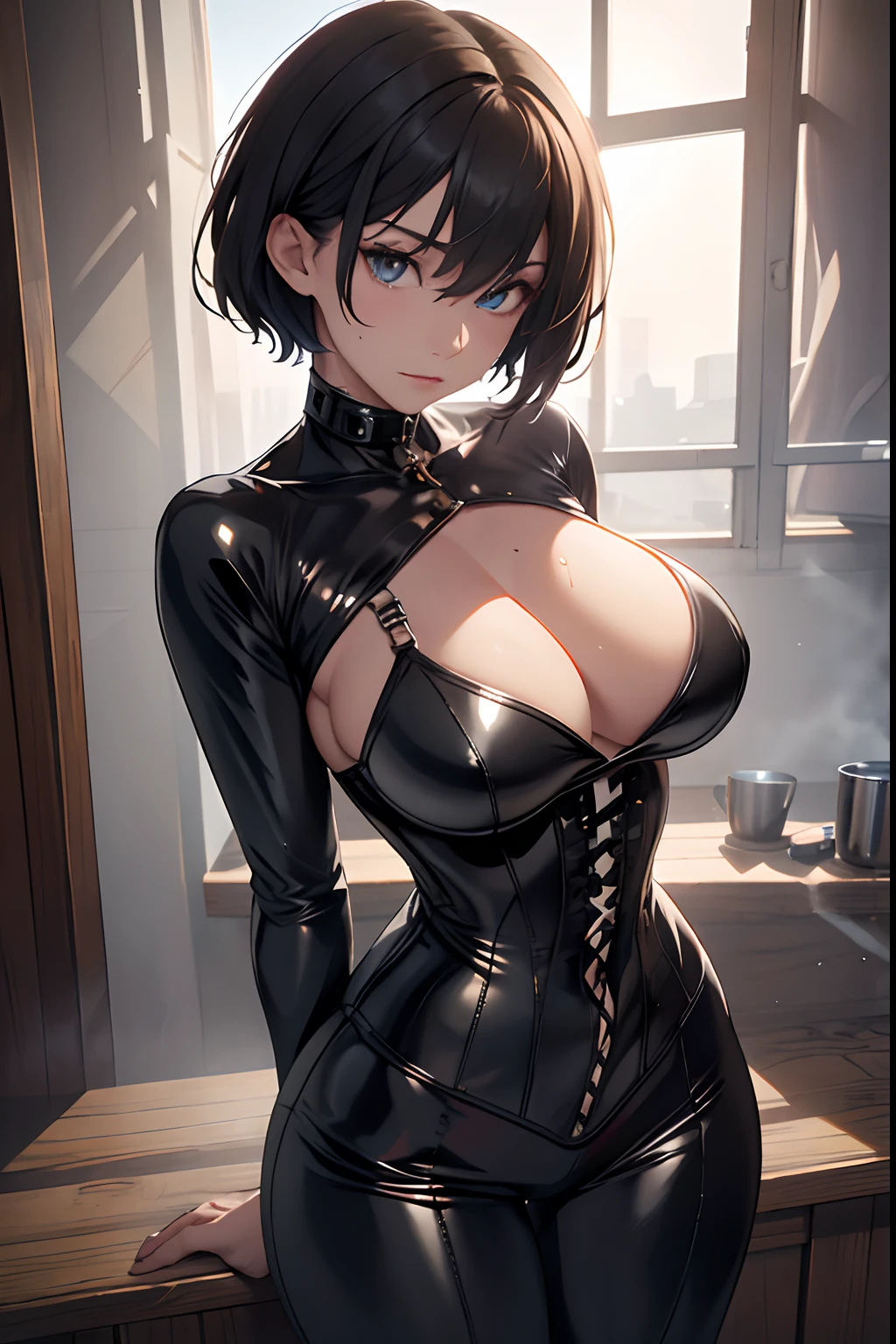 Shackles, BDSM, slave, rubber, black corset, catsuit, collar, nsfw, ((highest quality, 8k, masterpiece: 1.3)), crisp focus: 1.2, beautiful woman with perfect figure: 1.4, slender abs: 1.2, wet body: 1.5, highly detailed face and skin texture, detailed eyes, double eyelids, very short hair,