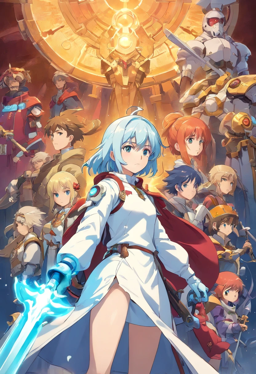 Anime boy mechanical healer, heroine, cleric, acolyte, gear, holy, white costume, weapon magic hammer, ultra high resolution 8k, ultra high definition 8k, stabilizer diffusion, 2.5 D, character design, male, gadget, spear, rod, modern sweater, serious face,