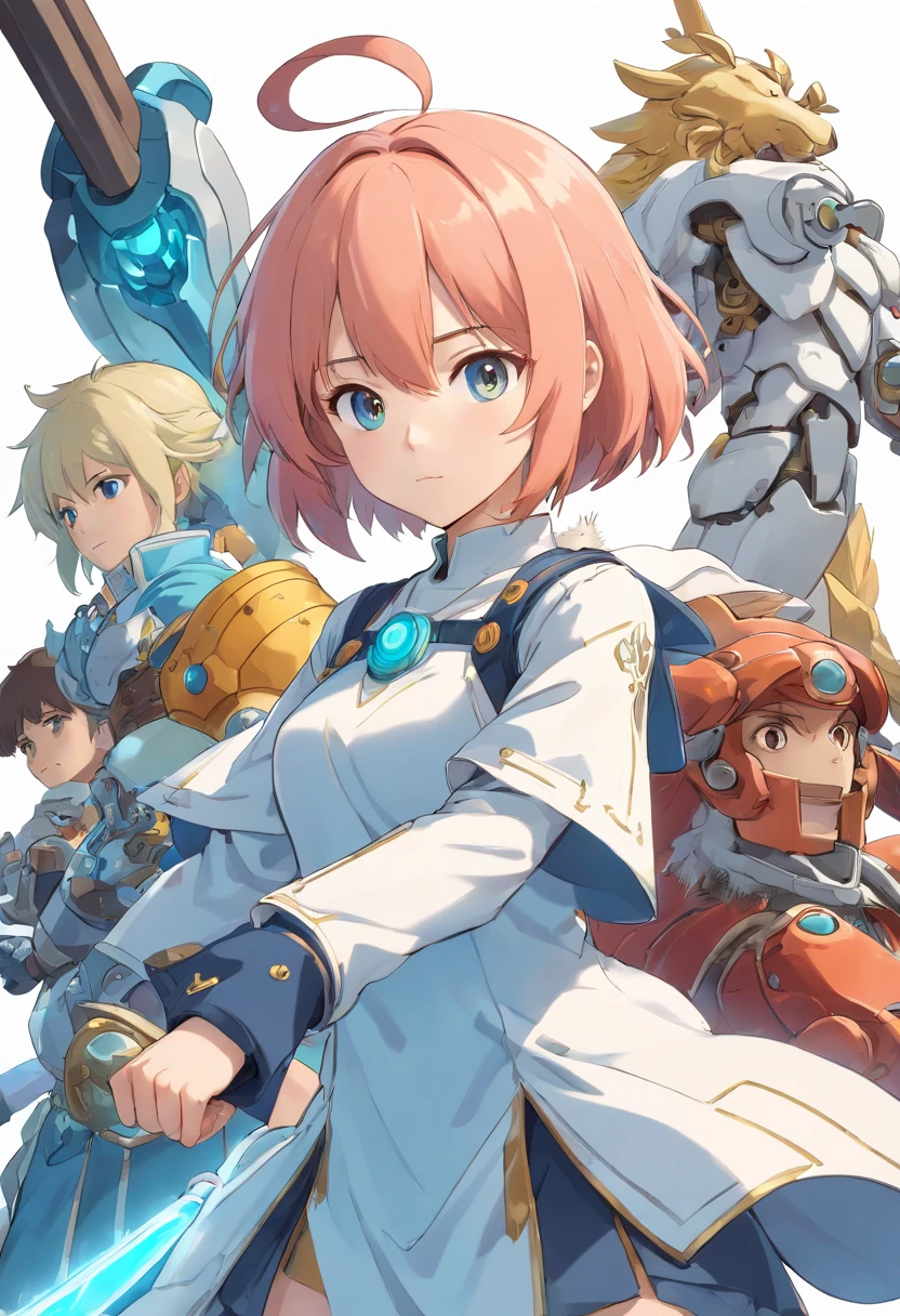 Anime boy mechanical healer, heroine, cleric, acolyte, gear, holy, white costume, weapon magic hammer, ultra high resolution 8k, ultra high definition 8k, stabilizer diffusion, 2.5 D, character design, male, gadget, spear, rod, modern sweater, serious face,