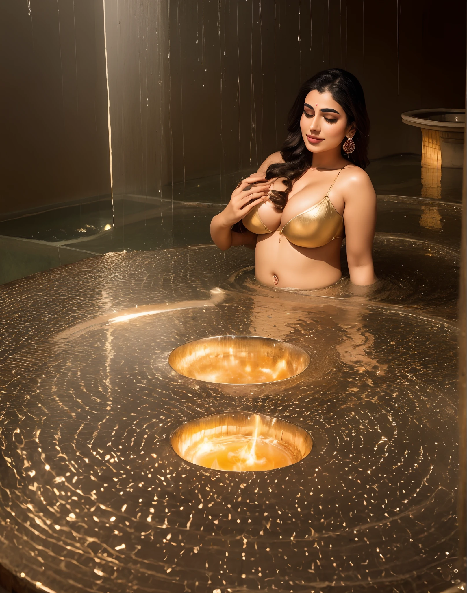 Goddess of beauty and fertility bathing in rain, divine indian goddess, golden divine metal circles of magical aura surrounding her,