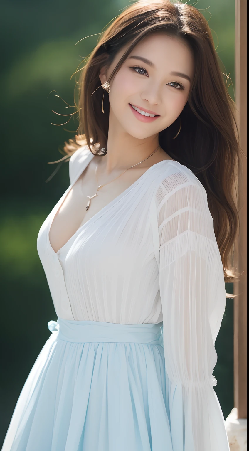 Very detailed 8k wallpaper)、foco nítido、in detail、Drama、Delicate and beautiful 20 years old、Sheer white shirt、Dark blue pleated micro mini、ligh brown hair、hair adornments、Sexy、A smile、Peek at the viewer、Beautiful graphics、、Show me your whole body、date、Date Clothes、Date color々Scene、real looking skin、lovemaking、Cute clothes、Sexy clothes、I can see a little bit of my chest
