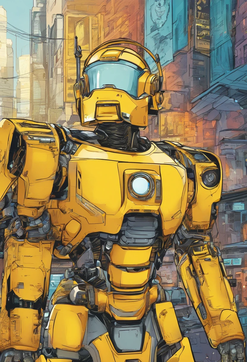 robot, Android amarelo e branco, (astronauta outfit, capacete com viseira escura) estilo robocop, HD, cores quentes, estilo comics, nova York city como background