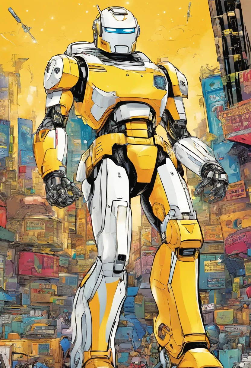 robot, Android amarelo e branco, (astronauta outfit, capacete com viseira escura) estilo robocop, HD, cores quentes, estilo comics, nova York city como background
