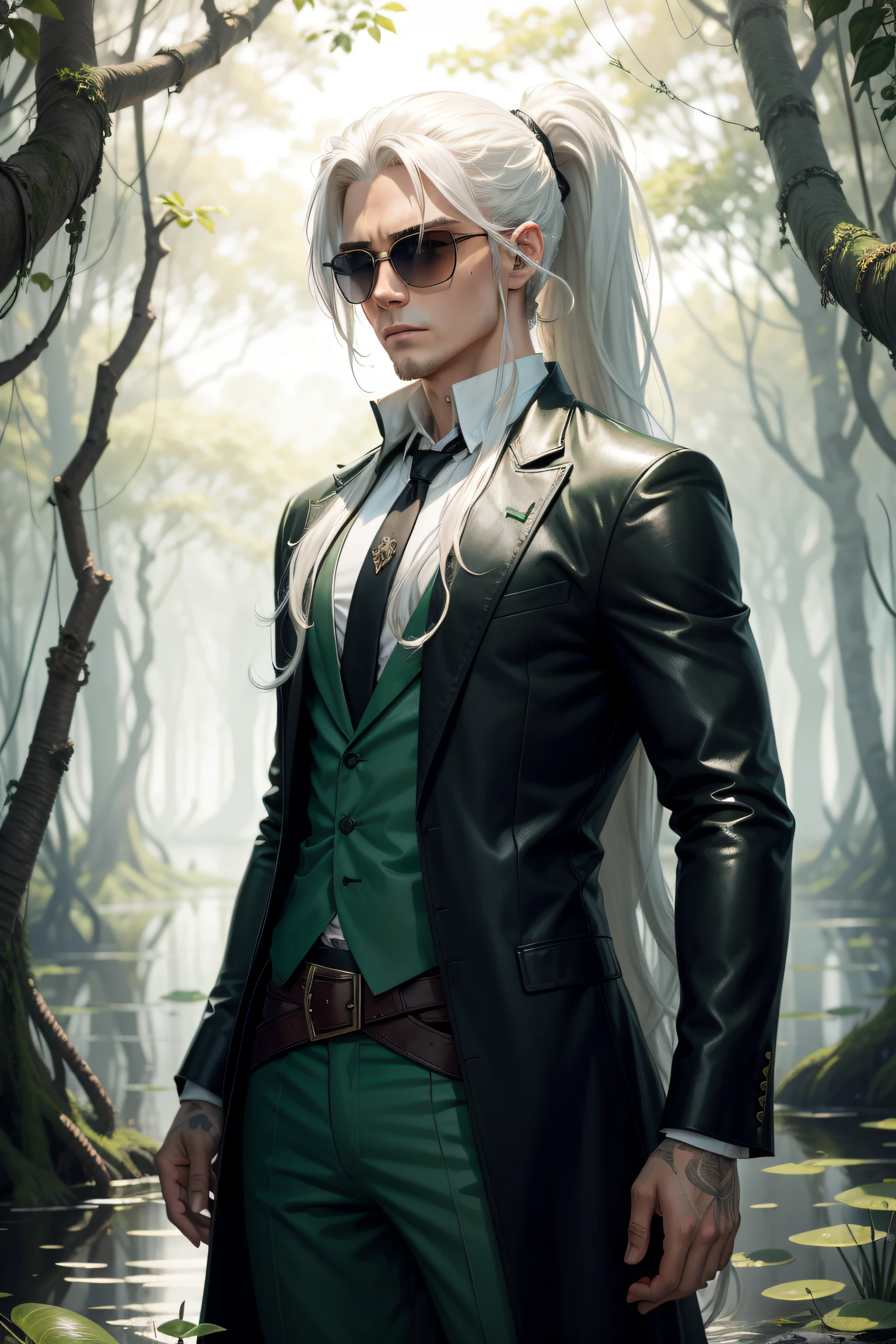 handsome thief amidst a swamp of poison, white long hair with ponytail, transparent sunglasses, green clothes