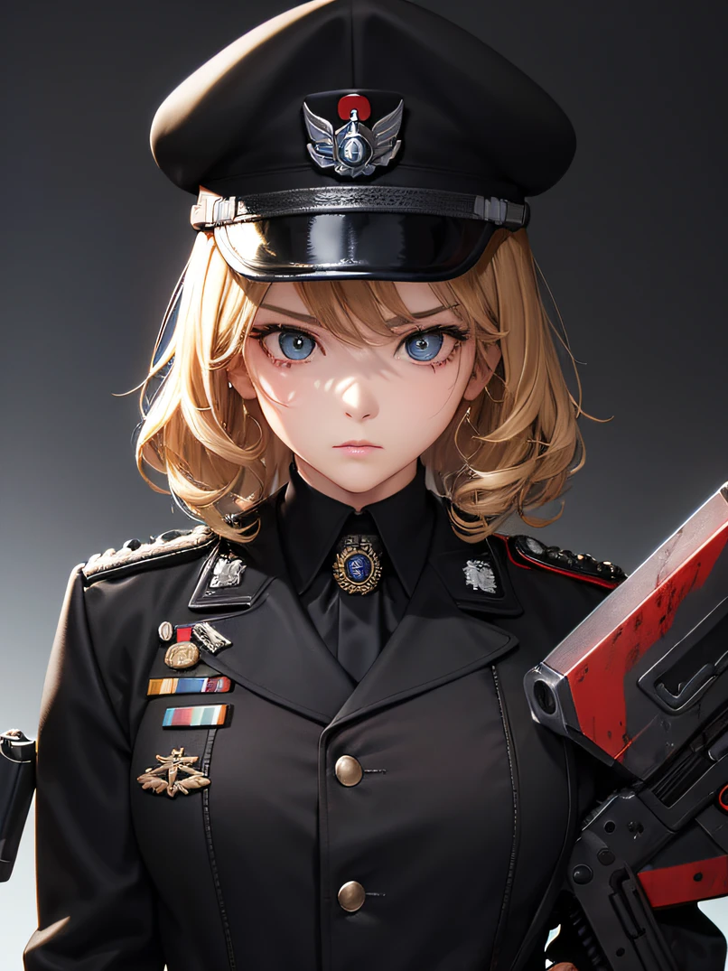 hightquality、hight resolution、​masterpiece、foco nítido、​masterpiece、Semi-realistic、cyberpunked、30 year old cool woman(Casual pose) 、short blond hair、curlyhair、verd s eyes、Cold eyes、Scars of battle、blood stain、Tall and strong、a handsome、Black clothe、Black uniform、military outfits、Black jacket、Black pants、Black Rider Gloves、Military schools、Serious look、 Strong、Overwatch、Dynamic action、The background is the wartime urban area