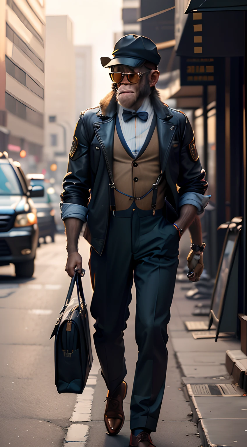 A cute monkey,Wear a jacket,Suspenders,Big scalp shoes,Hat,Wearing sunglasses,Coffee cup in hand,City streets,(depth of fields),(Movie lighting),(light and shadow effect),(Unreal 5),(tmasterpiece),(8k wallpaper),photorealestic,realisticlying