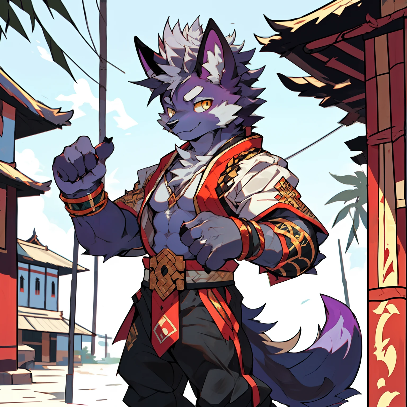 Best quality, Young, , Furry, Solo, Male Cat: 1.5, Purple colored skin:1.3, Purple fur:1.3, Yellow eyes, Muscular body, Wearing Thai style clothes, Standing in Khao San Road, Mohawk hair, Detailed fur, Detailed cloths, Furry animal ears, Humanoid hand, Wearing Thai style pants, Thailand.