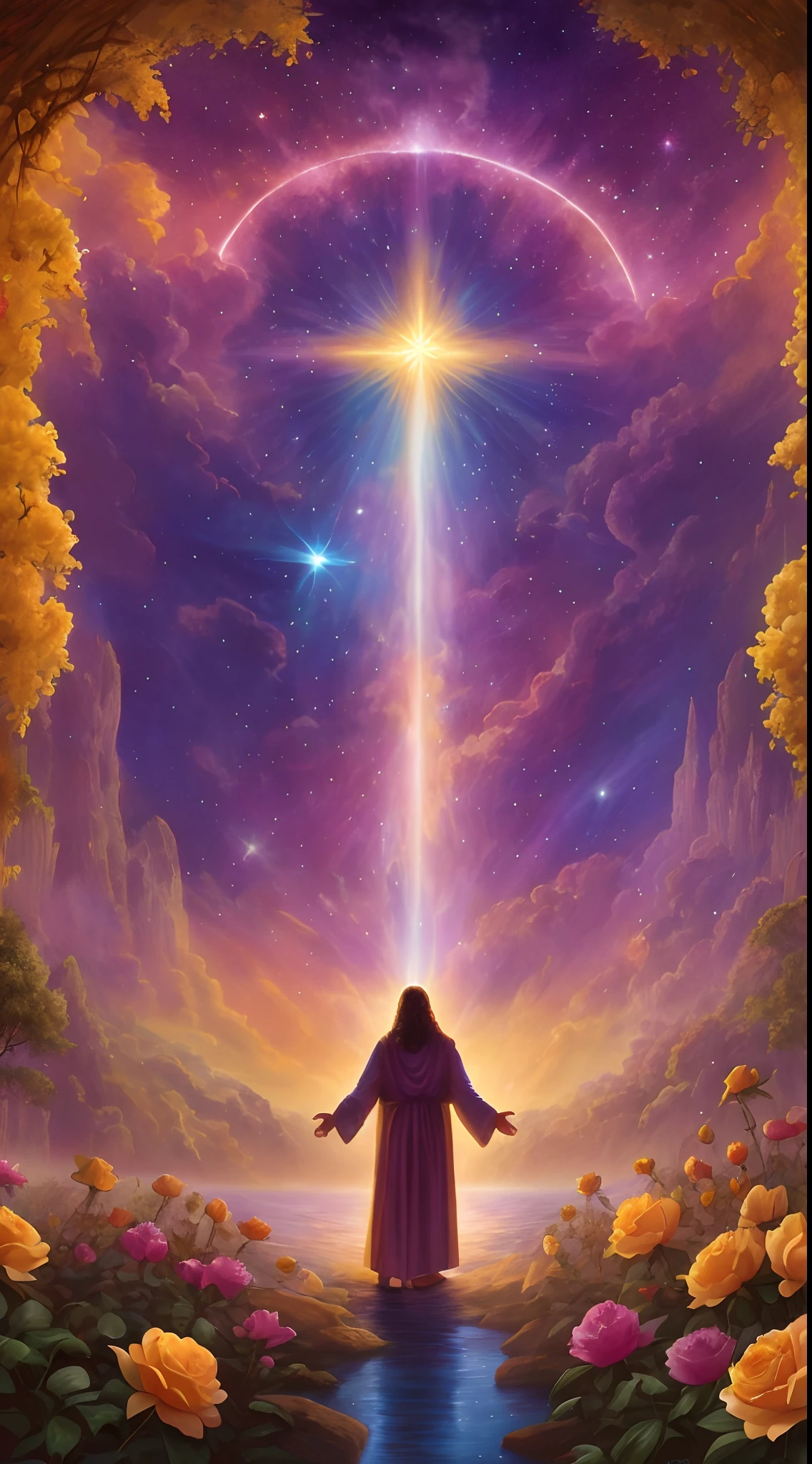 a painting of jesus standing in a garden with flowers and a cross, holy sacred light rays, cosmic enlightenment, spiritual light, holy rays of spiritual light, glowing god rays, spiritual enlightenment, ascended, background artwork, glowing holy aura, light of god, heavenly light, les edwards poster art, ascension, astral travel, reaching towards the heavens, divine light