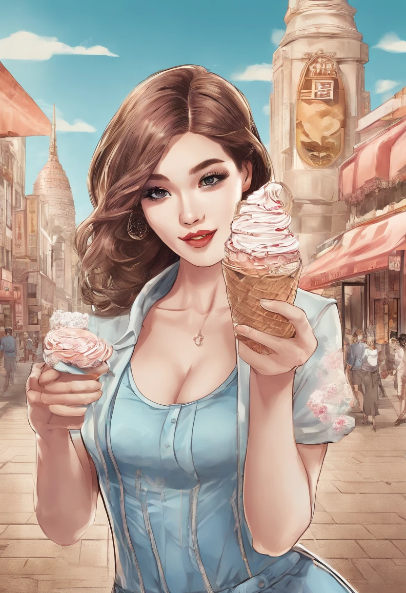 A supermodel who loves ice cream，Fashionab，Adventures，Manhwa Style，Storyboard，Masterpiece, ultraclear, extreme hight detail