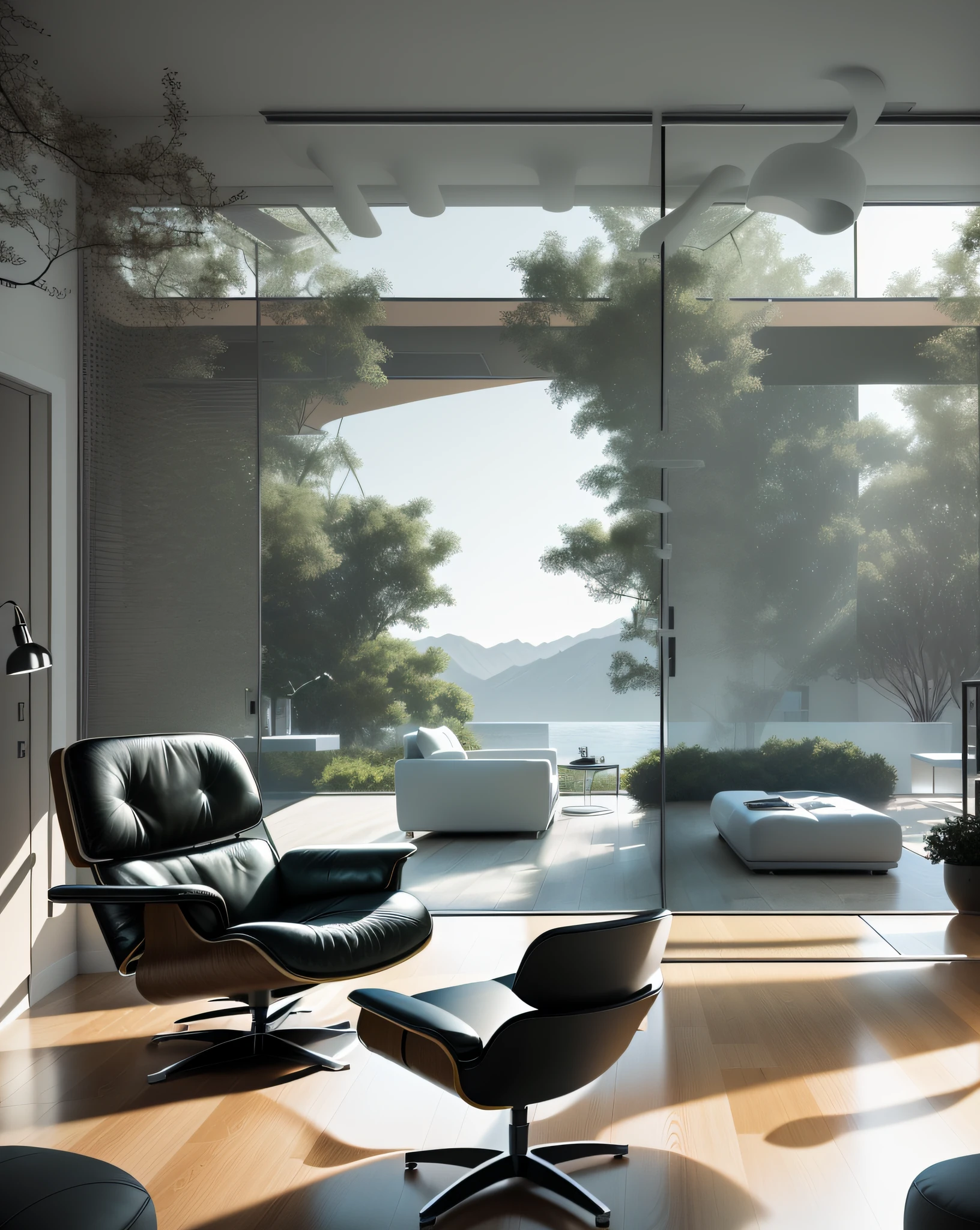arafed view of a living room with a chair and ottoman, inspired by Richard Wilson, architectural render, inspired by Emilio Grau Sala, architectural visualisation, architectural 3 d render, inspired by Ned M. Seidler, architectural rendering, in style of norman foster, inspired by Isamu Noguchi, photographic render