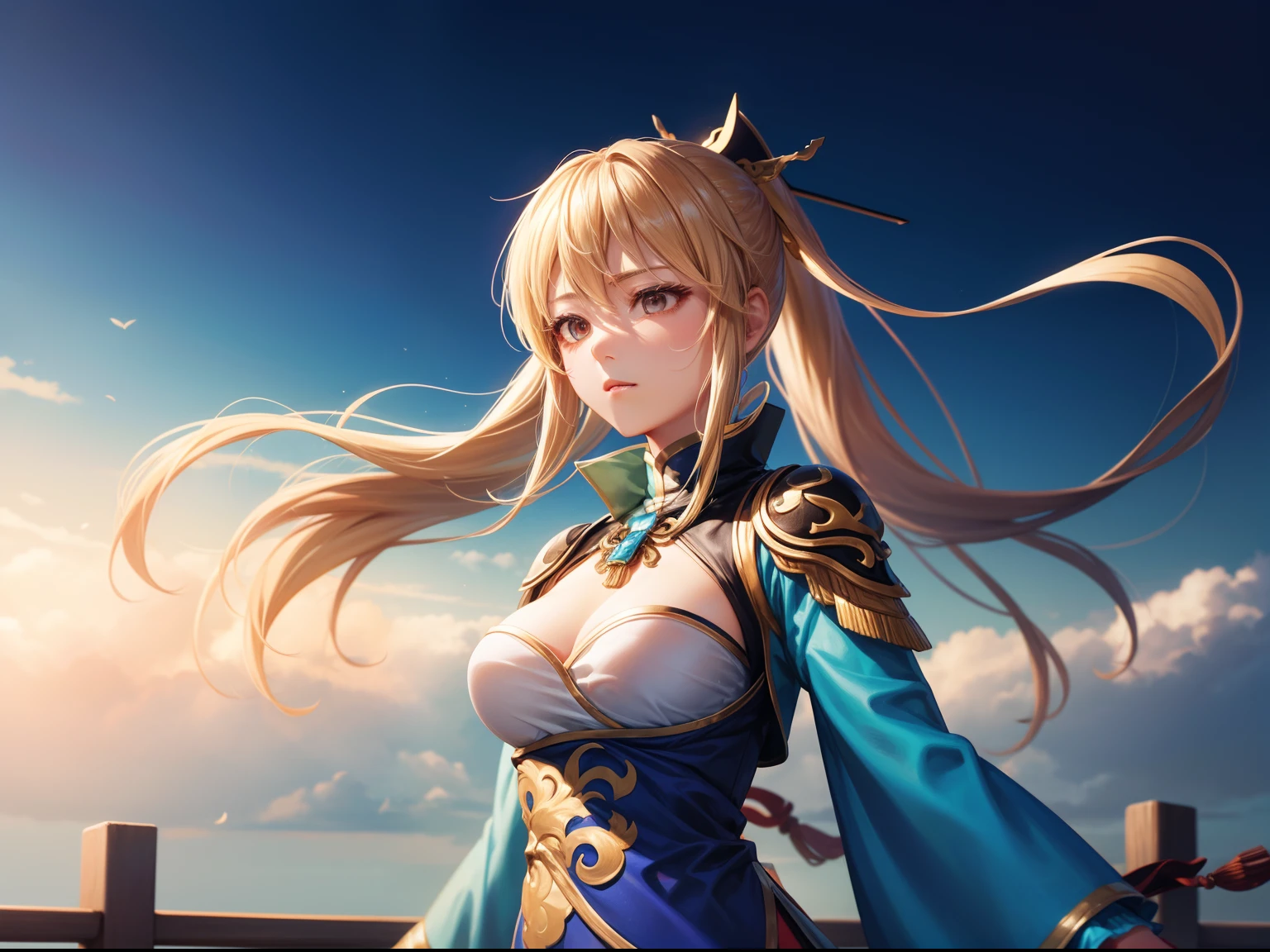 Wang_Yuanji(Wang Yuanjie)、1girl, masterpiece、top-quality、ponytail, {小柄}、{{Sharp eyes}}、long eyelashes、antiquegold hair, huge tit、Dropping your gaze、chill out、Despressing、{half eyes}、seminude、Dignified、bullish、style、refinement、Ikki Tosen、