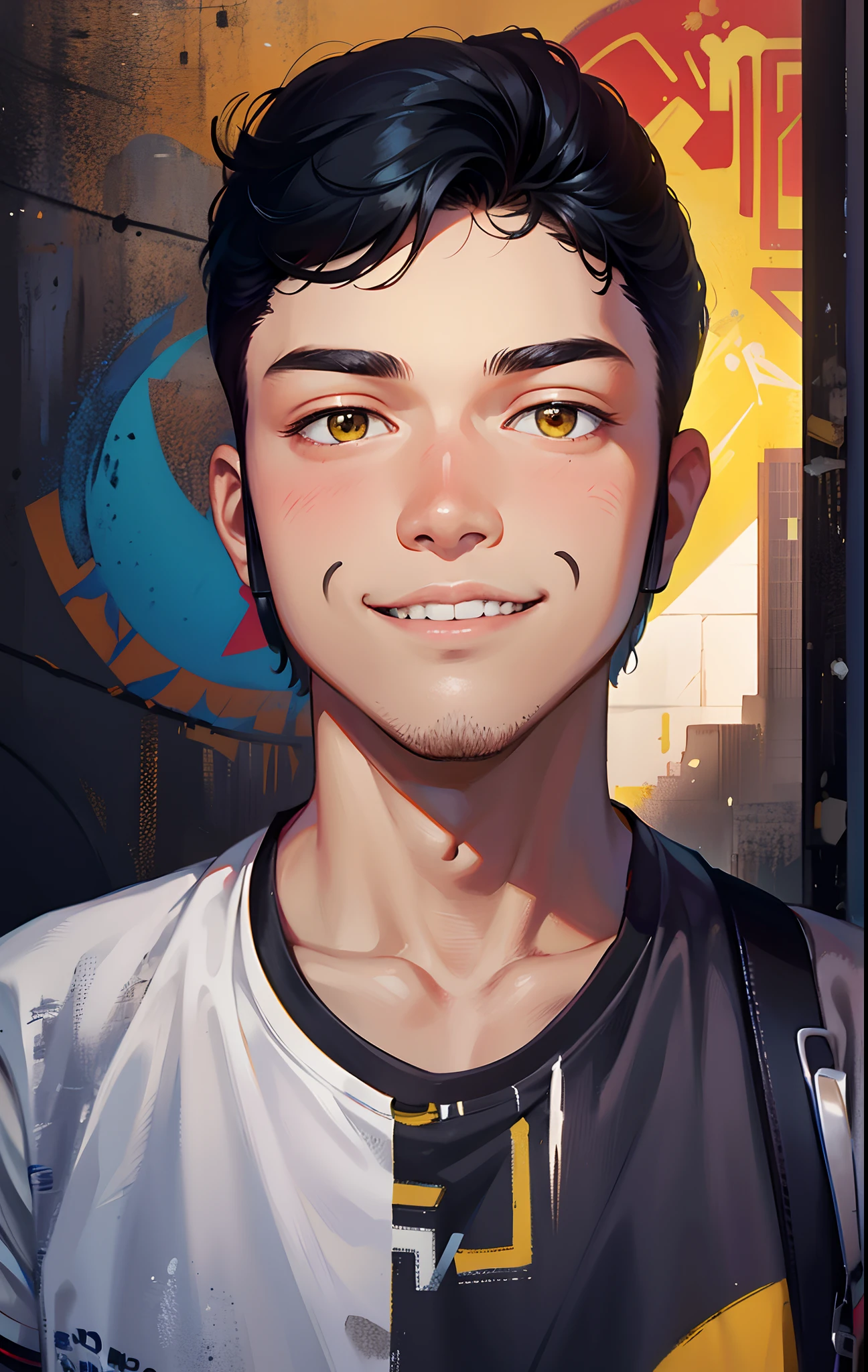 A very handsome teenager passed by me and inadvertently saw me, bust photo, smiling and looking at me. High nose, yellow race, relatively white skin, black hair, medium hair. The background is a wall with various graffiti on it. He wears simple short sleeves and holds a cute dog. Highest quality.