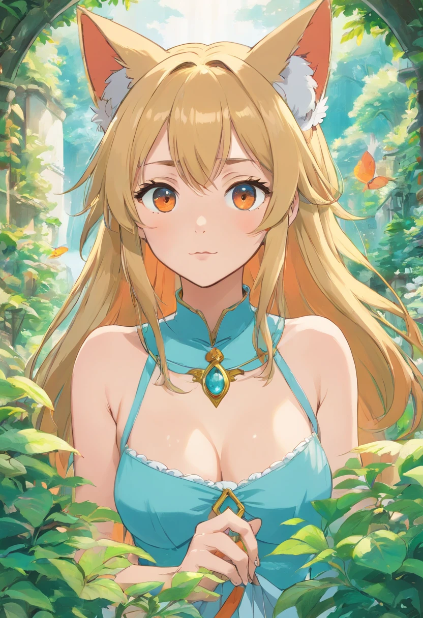 (cat ears), ((deep-set, captivating, enigmatic,darkorange eyes))、(blonde hair) 、absurdly long hair、happy
、large breasts、see through、cameltoe、Girl in an anime collar, Long necklaces and earrings, In the style of a tranquil garden landscape, colorful animation stills, Masami Teraoka, aquamarine, paul gauguin, Embry style, Honest portrayal