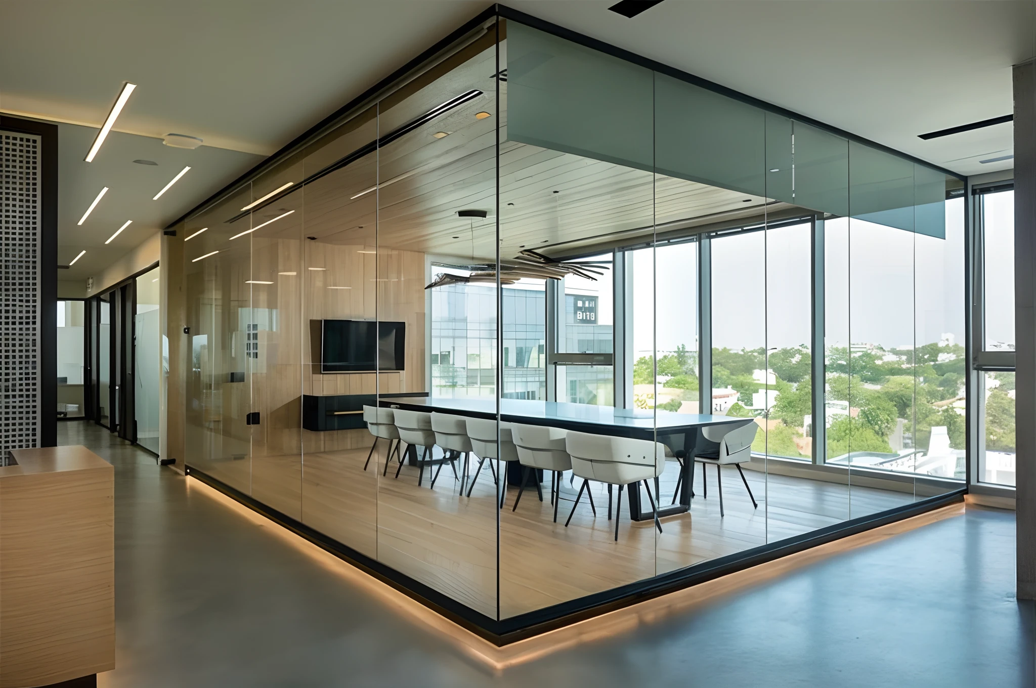 View of meeting room with large glass wall, Clear glass wall, glass wall, glass wall, Modern office, office, cubical meeting room office, interior architecture view, office room interior, Glass room, office ceiling panels, inside a glass box, inside in a glass box, mirror and glass surfaces, Reflective glass, Office building, office room interior, huge office