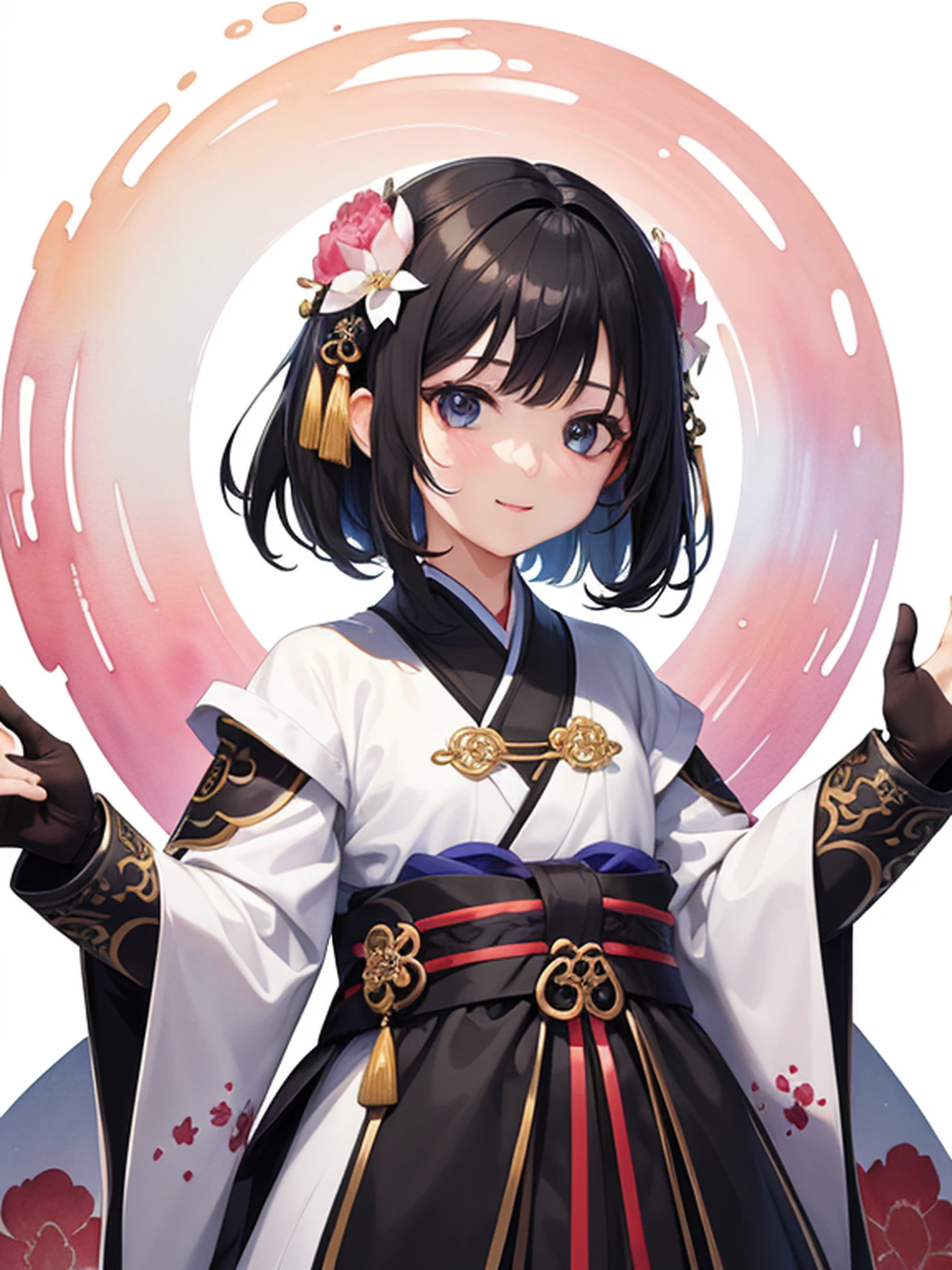 stechu,(white background:1.4), ((tachi-e)), original,(illustration:1.1),(best quality),(masterpiece:1.1),(extremely detailed CG unity 8k wallpaper:1.1), (colorful:0.9),(panorama shot:1.4),(solo:1.2), (ink splashing),(color splashing),((watercolor)), clear sharp focus,{ 1girl standing },((korean style )),flower background,outdoors,rocks, looking at viewer, make happy expressions,soft smile,pure,beautyfull detailed face and eyes,beautyfull intricacy clothing decorative pattern details, black hair,black eyes,colorwater,mooncake photo
