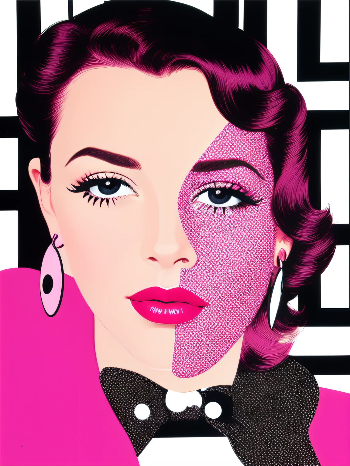 Polka dots on background　Wearing pink lipstick and small black earrings、Winking Woman　In the axis of light、　America in the 70s　Mary Cassatt、patrick nagel、Looking at the camera with cynicism((Film noir))Portrait painting