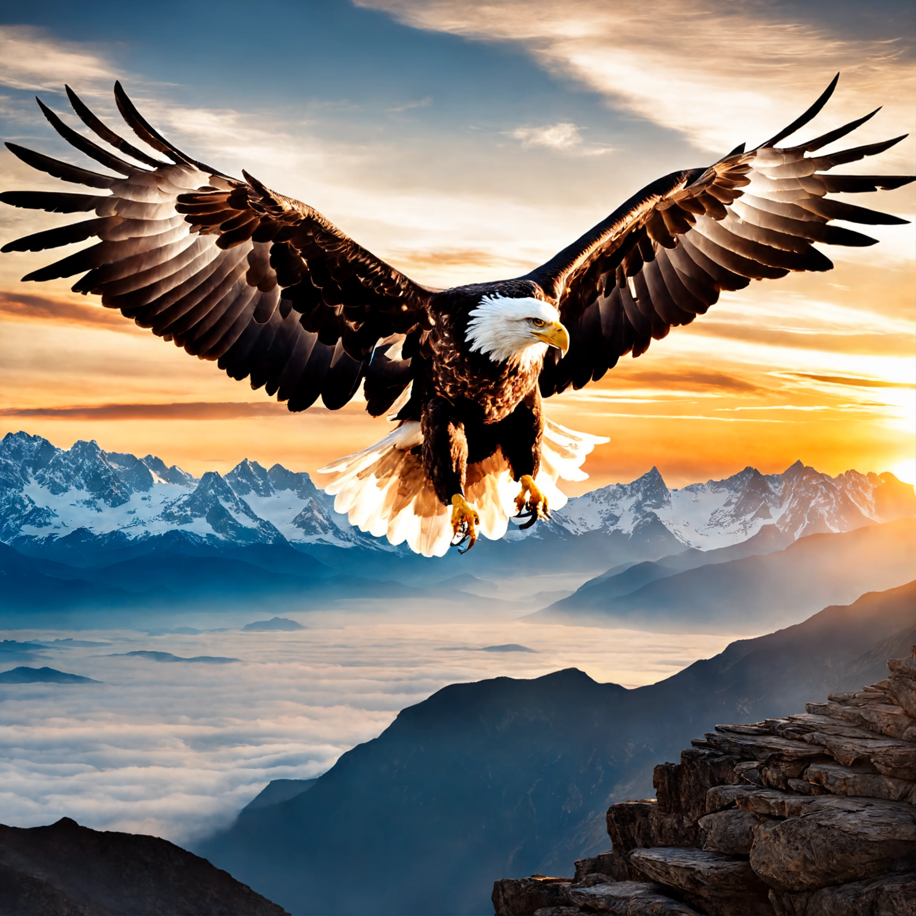 (((Create a great eagle masterpiece))) Fly gracefully in the sky, (((Majestic wings are in motion))), Against the breathtaking background of the horizon, Surfacing from the summit of Mount Everest.