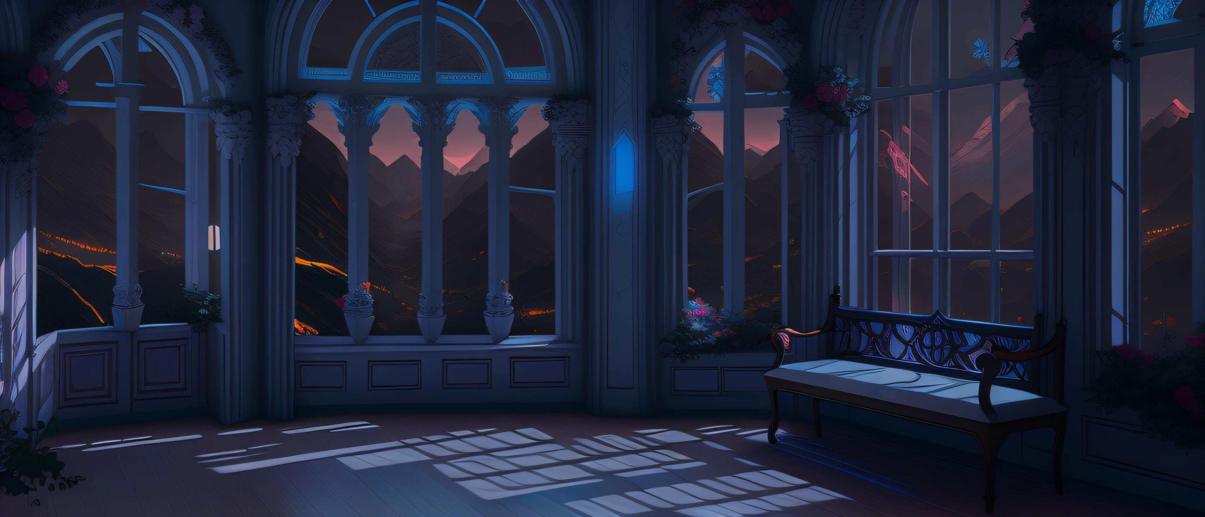 Rooms with windows have benches，Bright wall lamp in the room，Features mountain views。, interior background art, ballroom background, Anime background art, dreamy atmosphere and drama, open window ib background, stunning arcanum backdrop, palace background, dark pastel castle background, arte de fundo, personal room background, random background scene, shadowy castle background, Anime landscapes, background artwork