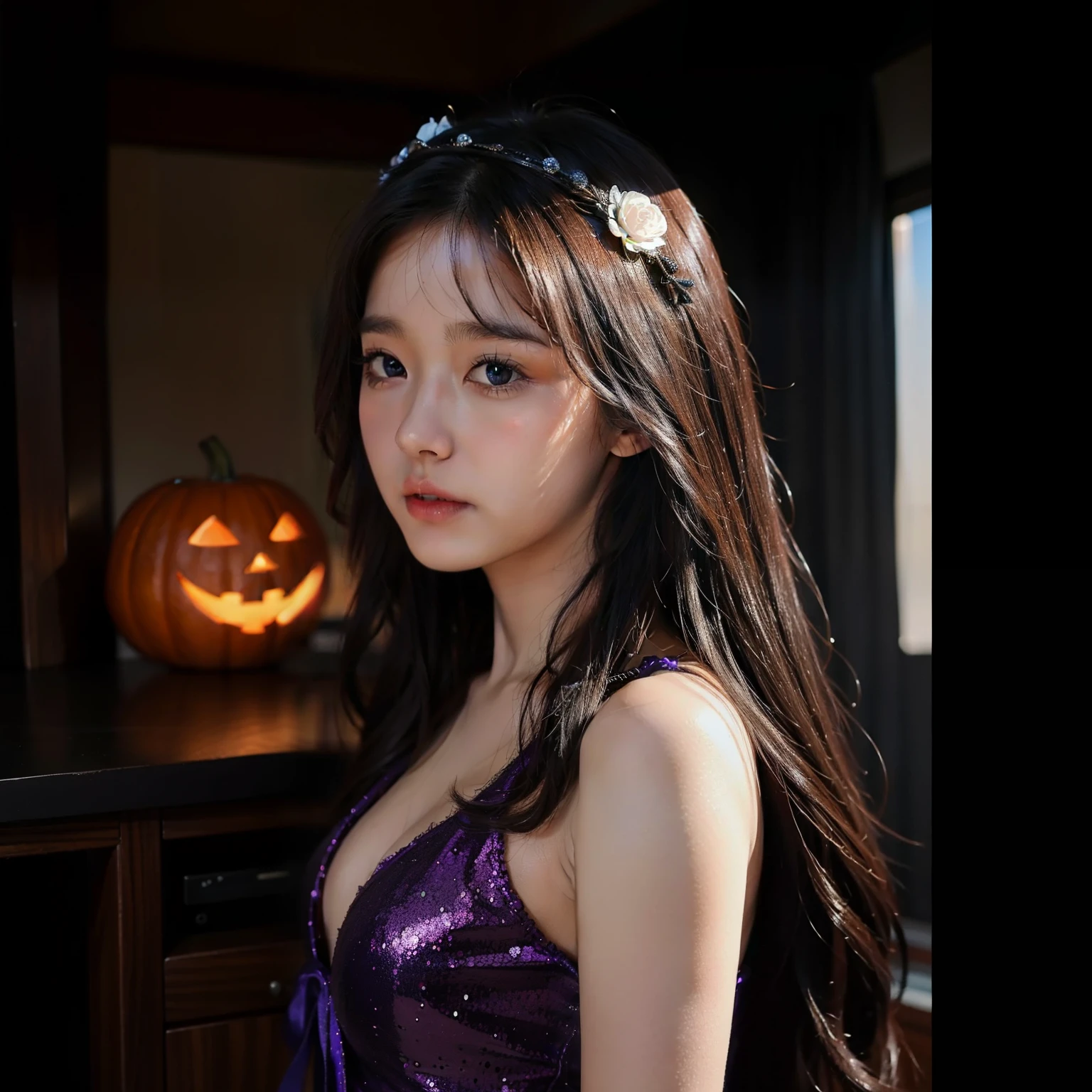 (One girl:1.5)、15yo student、a beauty girl、Halloween Costume、Witch Costume、kawaii、HDTV、hiquality、Super beautiful、Super masterpiece、Beautiful skin、