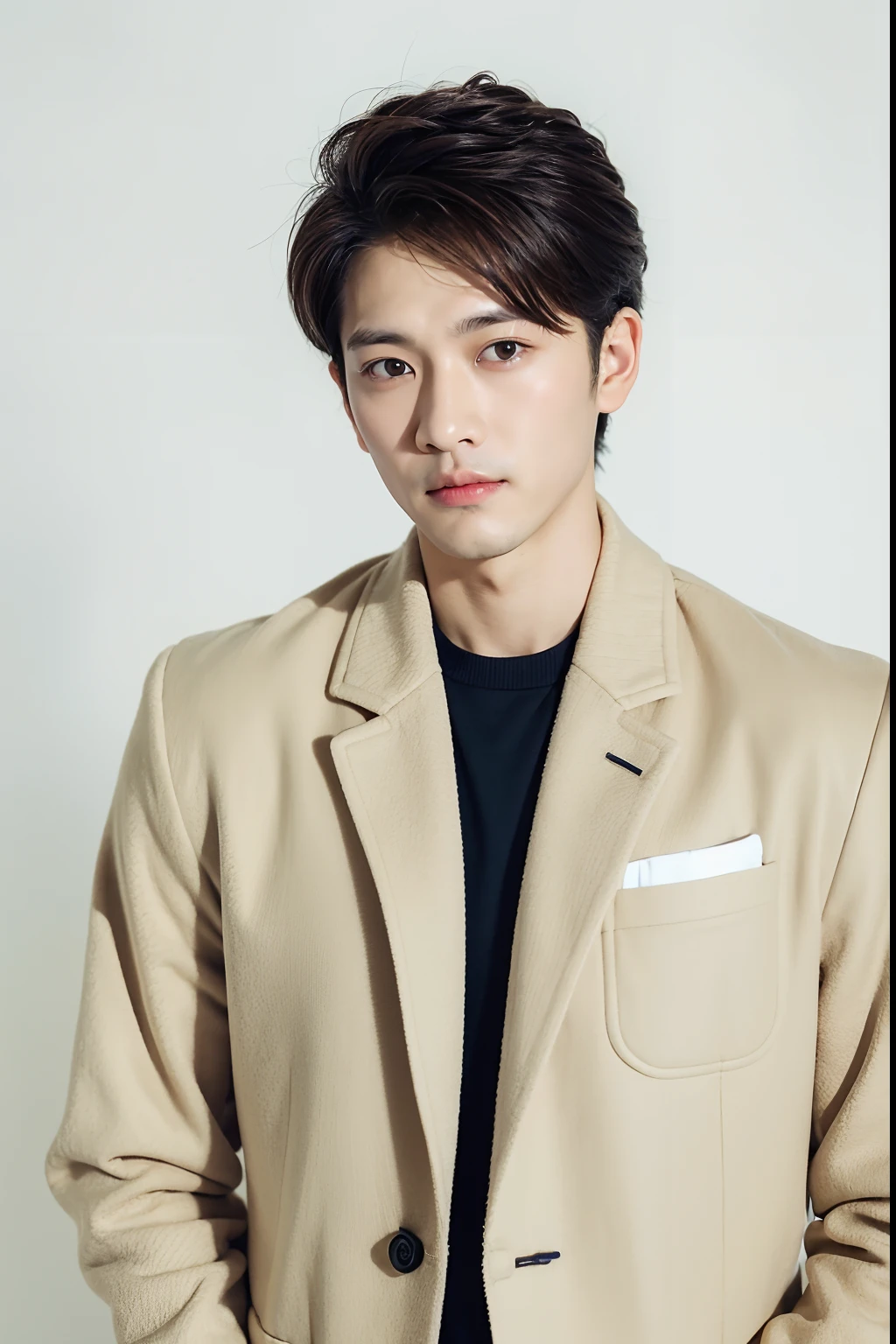 Top quality, one handsome man, 30 years old, Japanese man, looking at viewer, wearing jacket, 35mm lens, f/1, cowboy shot, (white background: 1.3), flat chest, on lounge