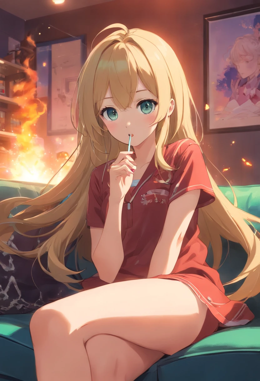 masterpiece, top-quality, girl with, 独奏, verd s eyes, ,smokeing,Pompa,bloodshot eyes,blonde hair, length hair, hair wavy,The upper part of the body,Idol,holiday,How to hold a nail polish cigarette, sit on sofa、
