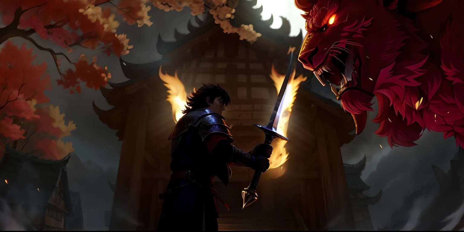 fighting the beast, anime style, light, monster in the background, sword on fire, warrior, village life, apocalypse, fantasy world, add more flying leaves, cartoon style, anime, with humans