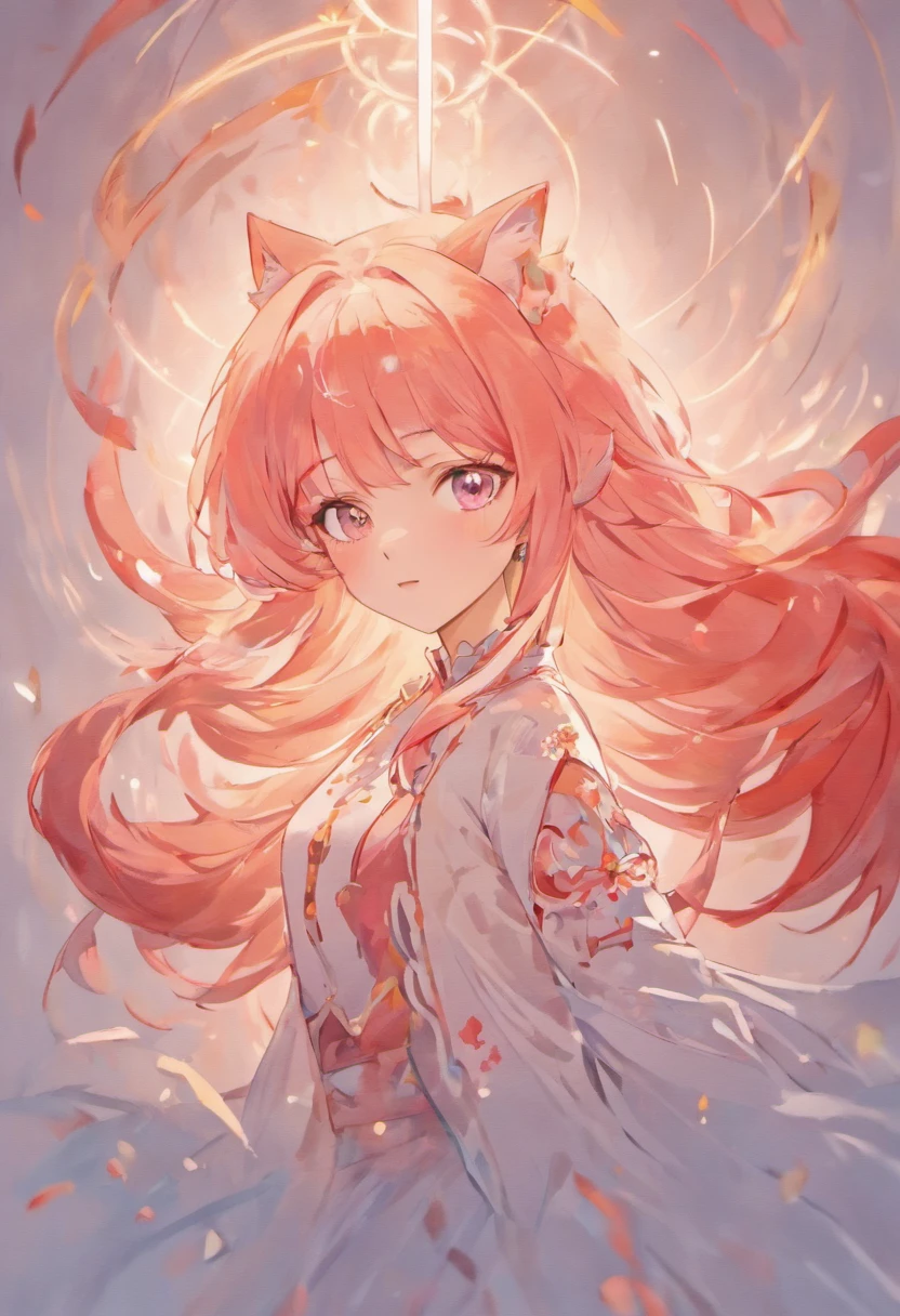 (White background:1.4),(The face of the girl's head, Eyes open, Long pink hair,Pink fox ears,There are nine fluffy fox tails,The tail has a fiery red color at the end, Oriental elements),(Chinese illustration:1.3,paper art:1.3, Quilted paper art:1.2),( reasonable design, Clear lines, High sharpness,Best quality, Very detailed, Masterpiece, movie light effect, 4K )