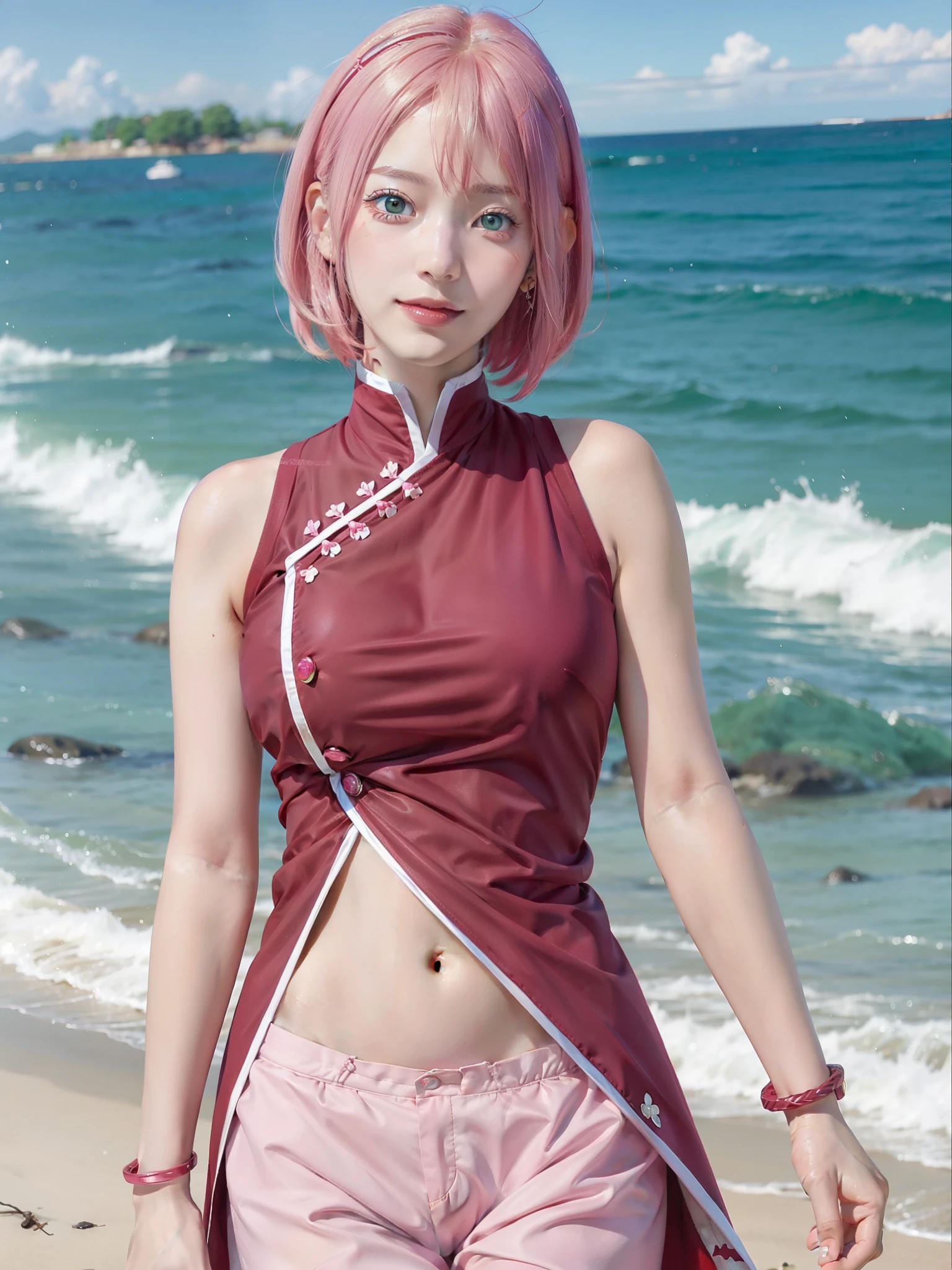 1girl, sakura in anime boruto, short hair, pink hair, green eyes, smile, beautiful, sexy dress, sexy clothes, red clothes, very big breast, realistic clothes, detail clothes, outdoor background, ultra detail, realistic